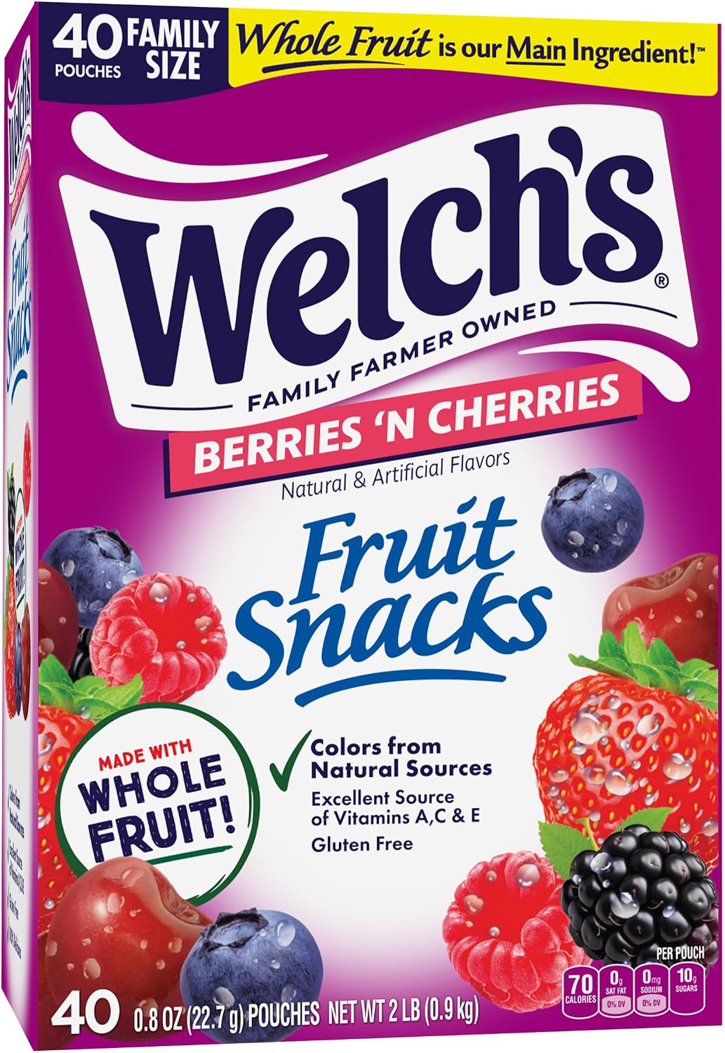 Welch's Fruit Snacks, Berries 'N Cherries, Individual Single Serve Bags, 0.8 oz (Pack of 40)
