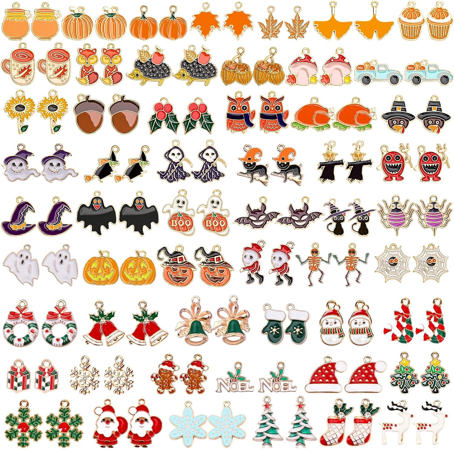SANNIX 110Pcs/55 Pairs Holiday Charms, Thanksgiving Fall Halloween Christmas Charm for Jewelry Making, Assorted Gold Enamel Charm Pendants for Bracelet Necklaces Earrings Craft Supplies