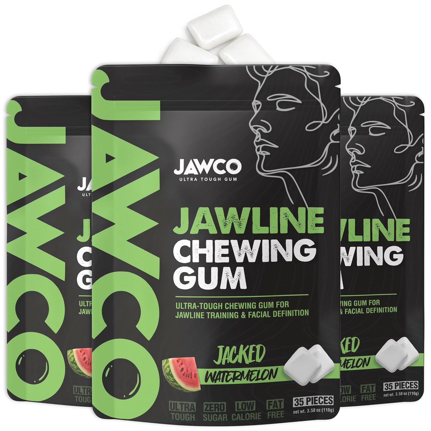 JAWCO Ultra-tough Jawline Chewing Gum | Get a Stronger, Squarer Jawline | Jaw Training Hard Gum | Chisel, Sculpt, Tone your Jaw | 15X Hardness | Facial Fitness Mewing Gum | Jacked Watermelon (3-Pack)