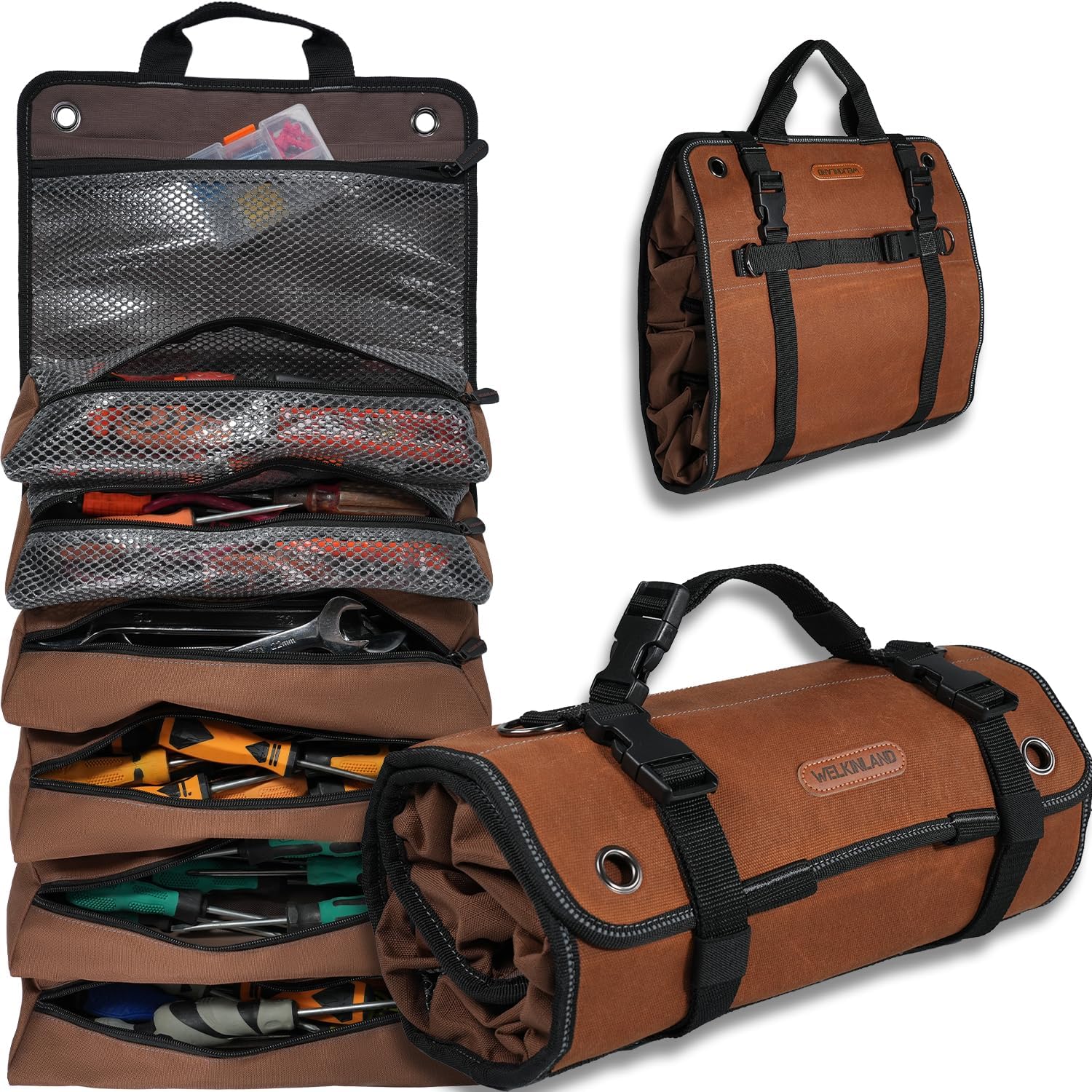 WELKINLAND Heavy-Duty Waxed Canvas Tool Roll, 7-Pocket 15L Tool Bag Roll