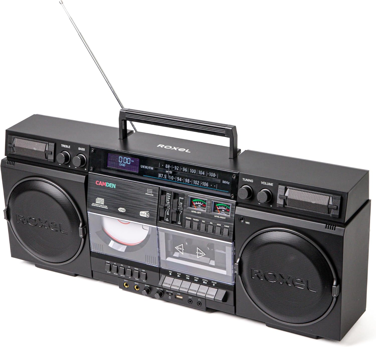 Roxel Camden Retro Cassette CD Player Boombox with DAB/FM Radio, Portable Vintage Player, BT 5.3, USB/TF/SD Playback, Mains Power, Headphone Jack, Vintage Design (Black)