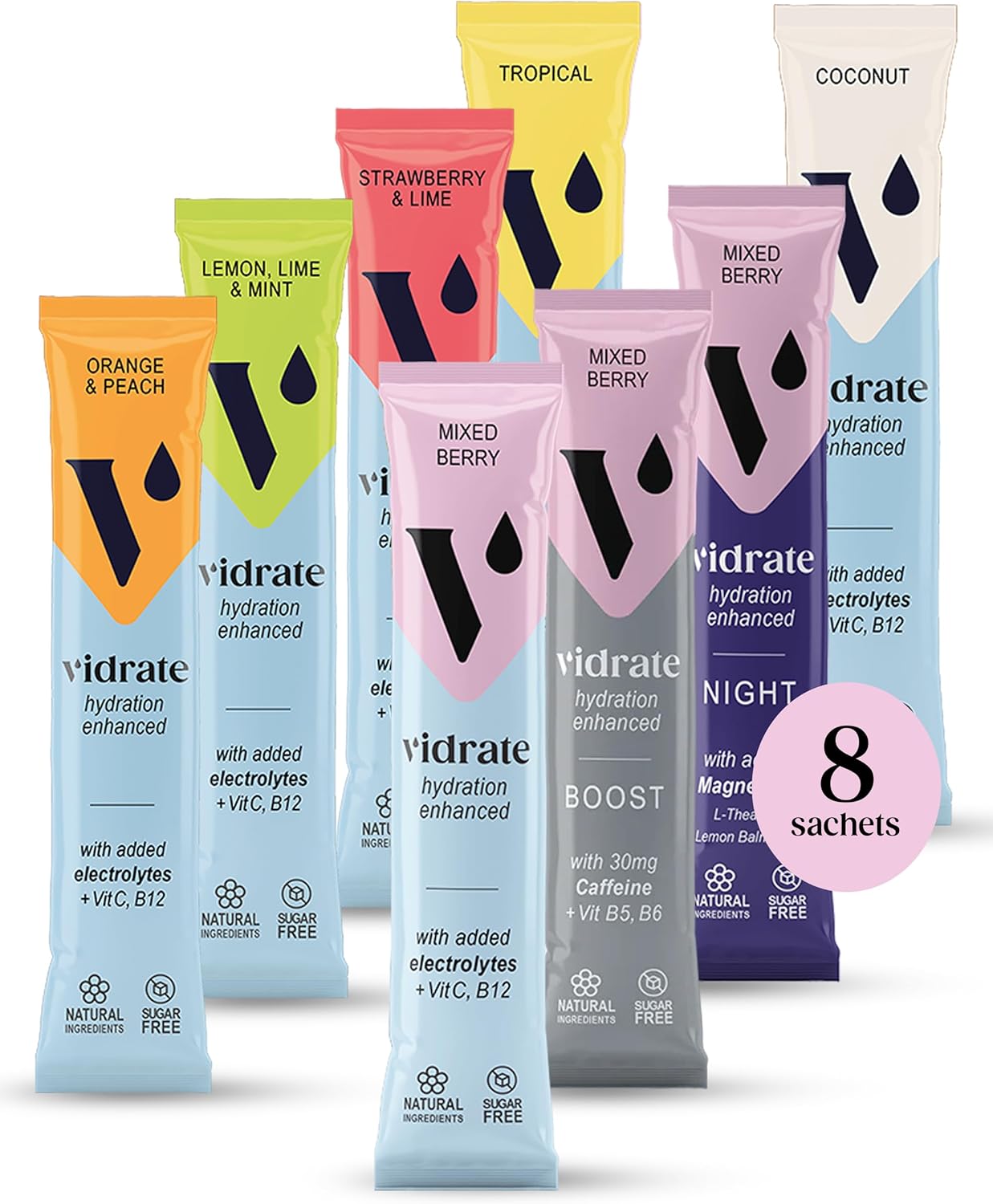 Electrolytes Powder - Hydration Sachets Packed with Vitamins - Zero Sugar Rehydration Sachet with No Artificial Sweeteners & Preservatives by ViDrate - Mixed Berry Variety Pack, 8 Electrolytes Sachets