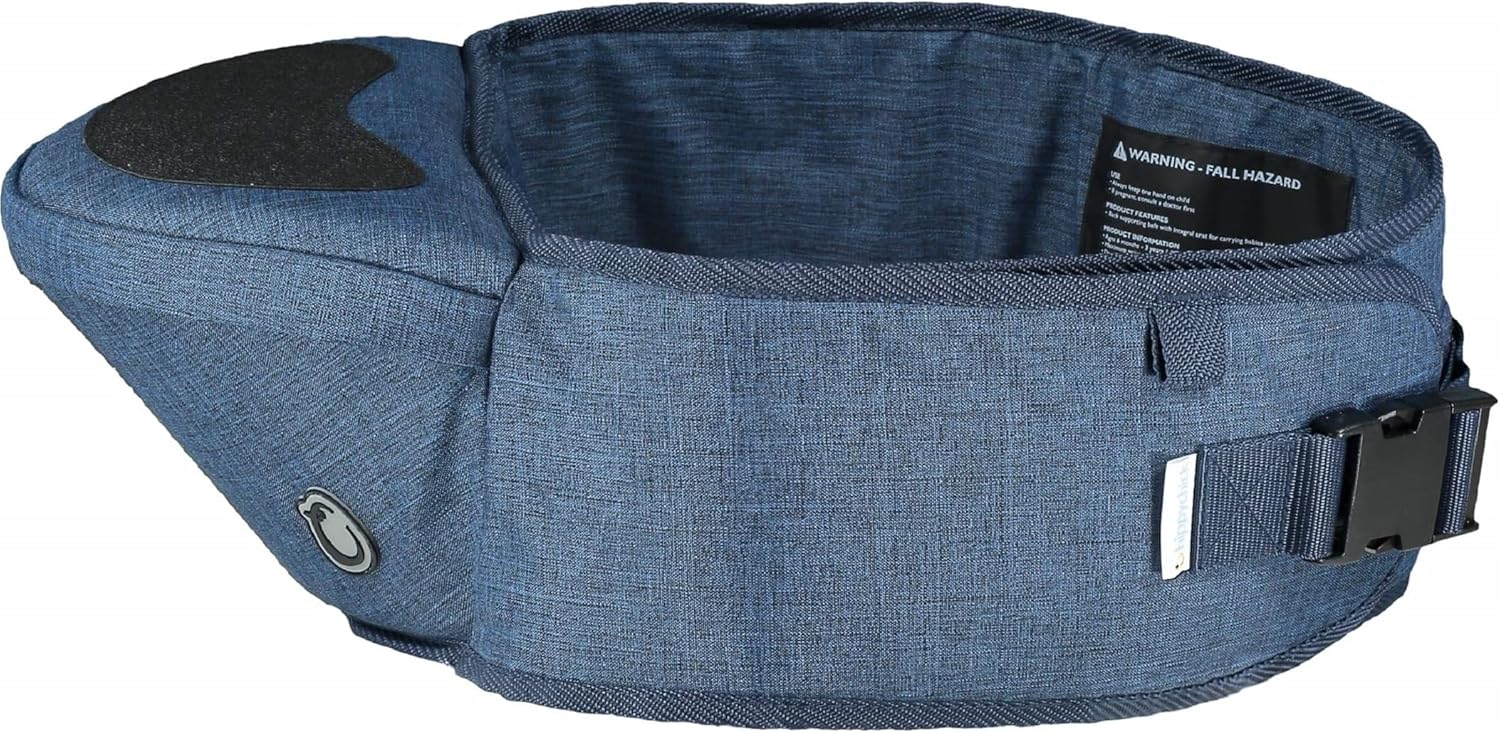 Hippychick Baby Hipseat Carrier for Ages 6-36 Months with Adjustable Strap - Lightweight Back-Saving Support Waist Stool Toddler Carrier - Denim Blue
