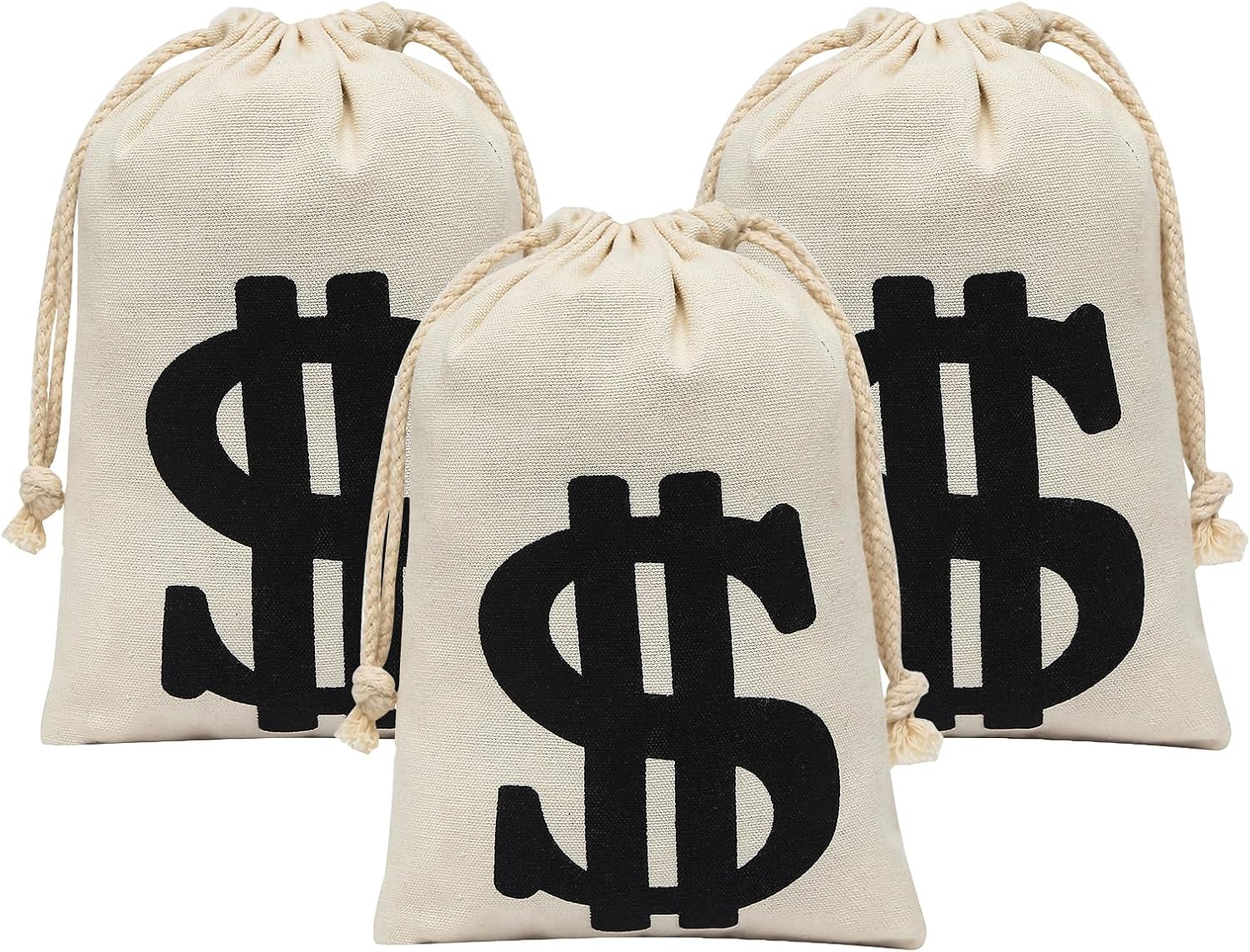 3 Pack Canvas Natural Money Bag Pouch with Drawstring Closure for Toy Party Favor, 6.3 x 9 Inches Money Bags Dollar Sign for Bank Robber Pirate Cowboy Halloween Cosplay Theme Party