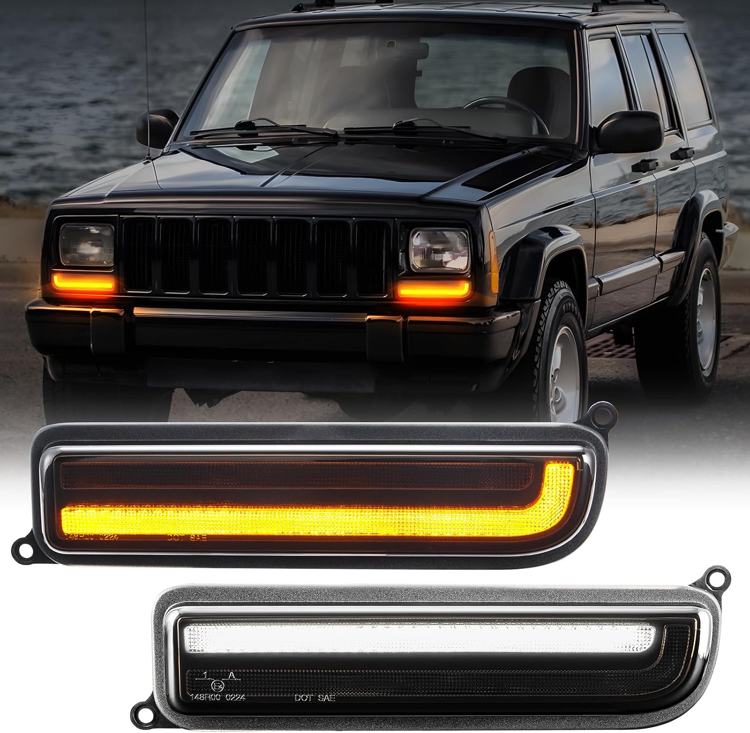 Front Turn Signal Corner Marker Lights Compatible with Cherokee XJ 1997-2001 Yellow Dynamic Sequential LED as Turn Signal Lights,White as Daytime Running Lights Smoked Lens