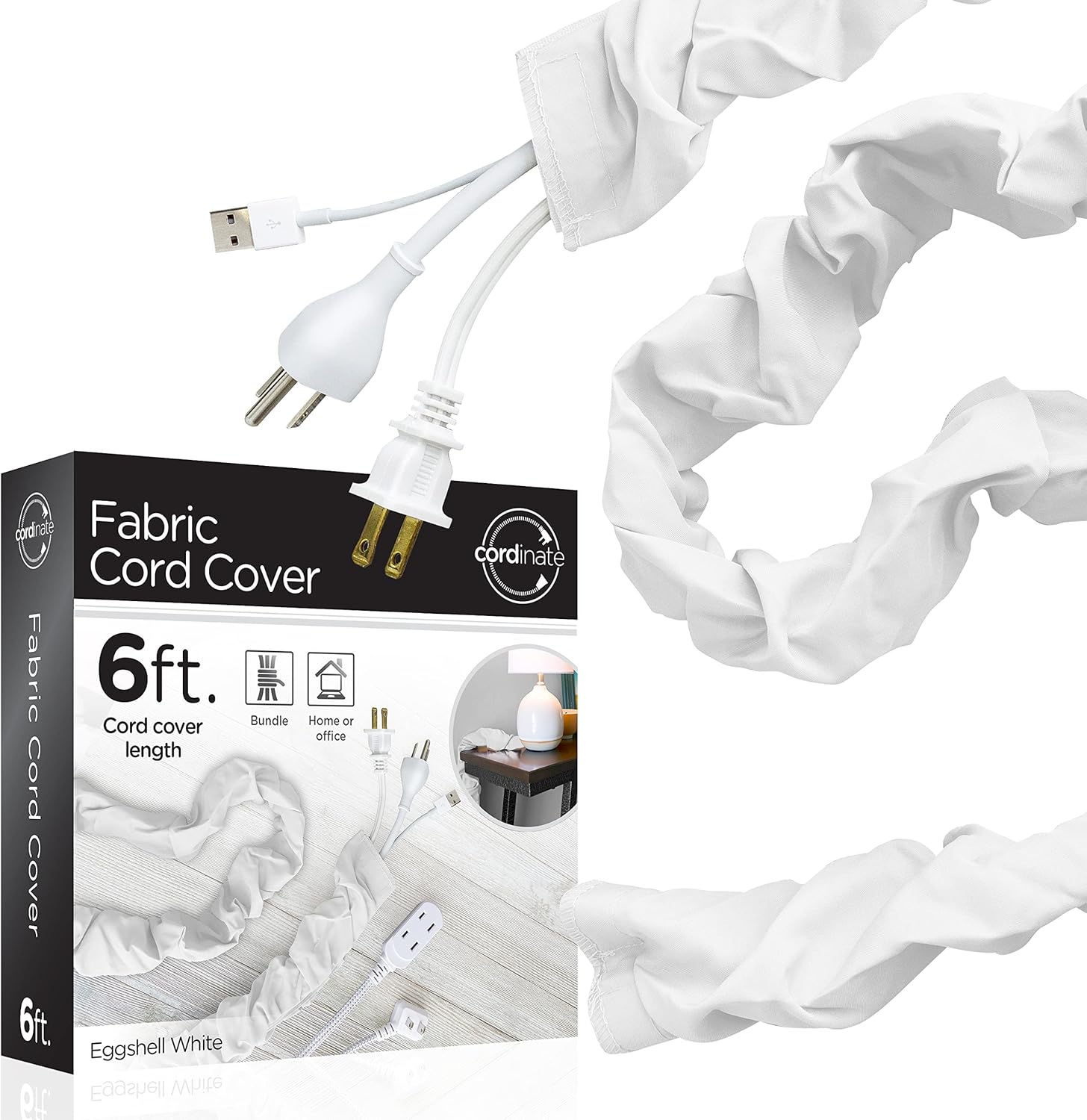 Cordinate Fabric Cord Cover, 6 ft, Hides Cables, Great for Lamps, Light Fixtures, and Desks, Cable Management, Easy Installation, Eggshell White, 40723