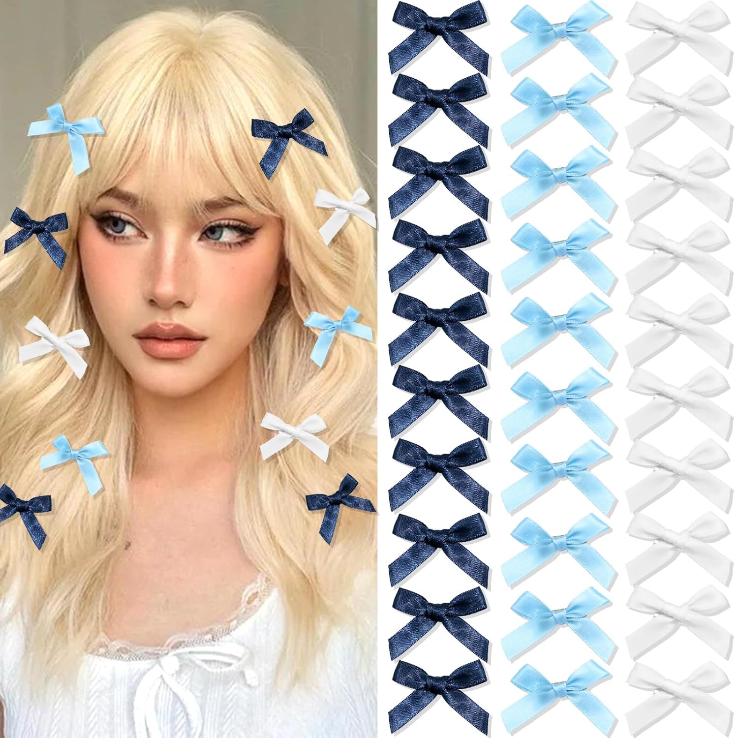 30PCS Navy Blue Mini Hair Bows Small Blue Bows for Hair Silky Satin Bows for Women Cute Hair Ribbon Bowknot Barrettes Sweet Alligator Hair Bow Clips Accessories for Teens and Girls