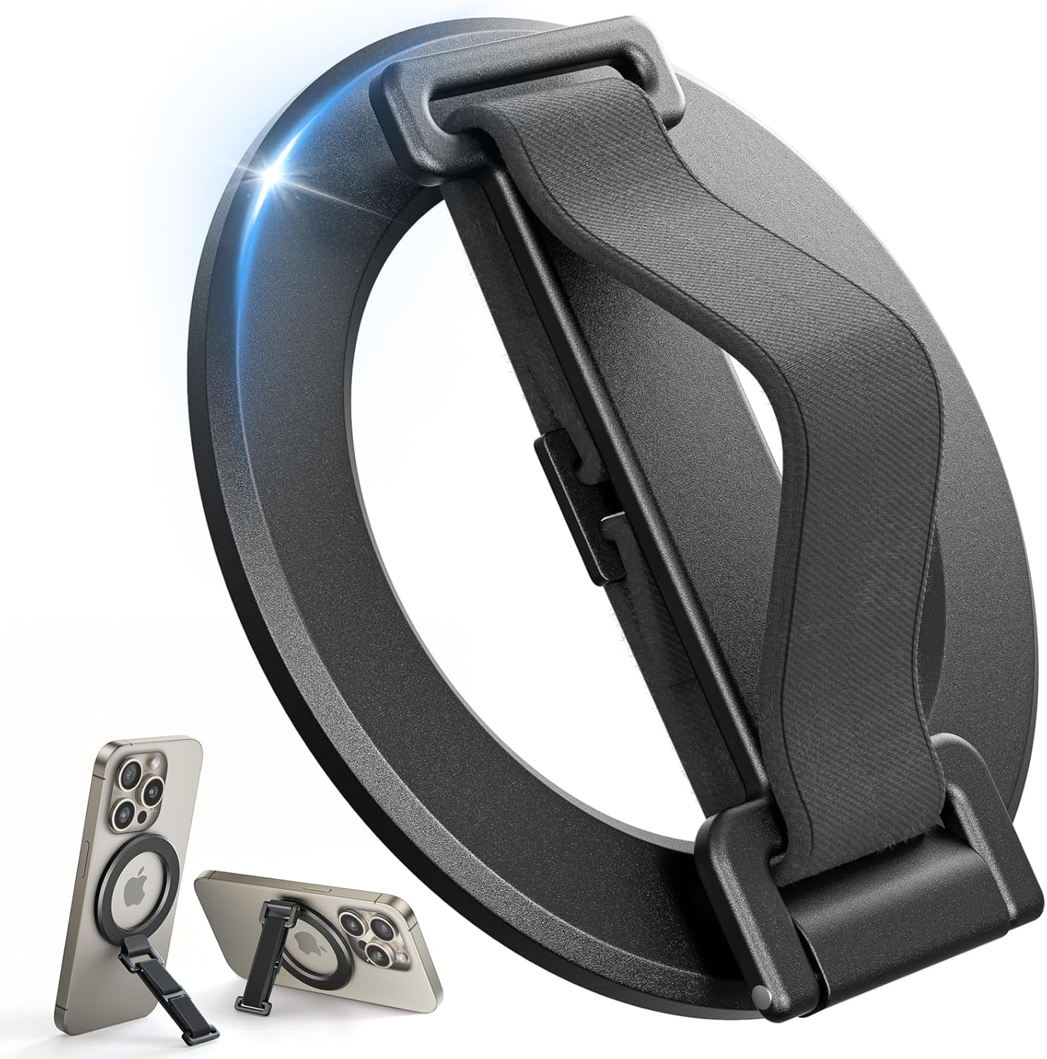 SUPERONE 2025 Upgrade for MagSafe Phone Grip with Finger Strap, Removable MagSafe Ring Holder with Kickstand Finger Loop, Mag Safe Accessories for iPhone 16/15/14/13/12 Series, Black