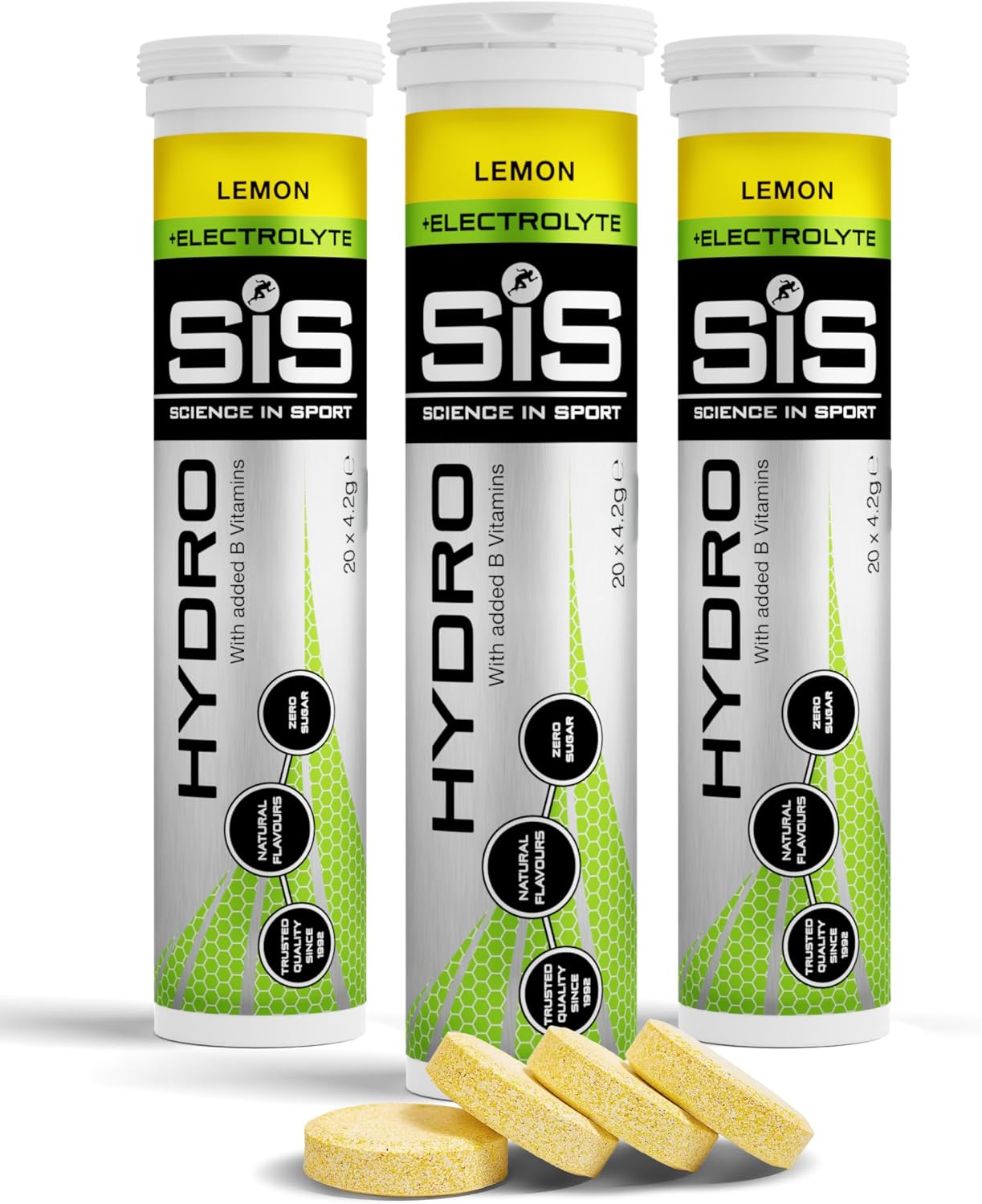Science in Sport Hydro Electrolyte Tablets - Four Key Electrolytes and B Vitamins - Sugar-Free, Vegan & Gluten-Free Sports Hydration - Lemon - 20 Effervescent Tablets (Pack of 3)