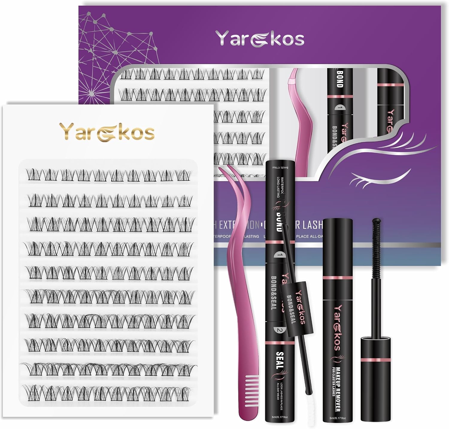 4-in-1 Lash Extension Kit, 100Pcs 10-16MM Mixed Length C Curl Clusters False Lashes, Bond and Seal Glue, Makeup Remover, Tweezer, Individual Eyelash Extensions Set, Natural Look DIY at Home, Purple-B3