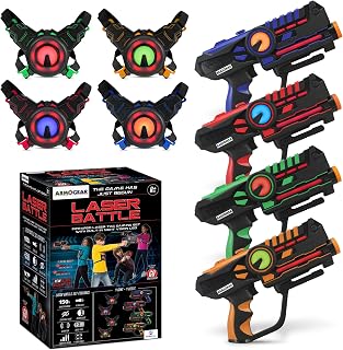 ArmoGear Laser Tag Guns Set of 4 Rechargeable - Arcade Games for Home, Indoor/Outdoor Laser Tag - Toy Guns for Kids and Adults - Includes Vests, Up to 16 ft Range - Fun Family Game for Ages 8+