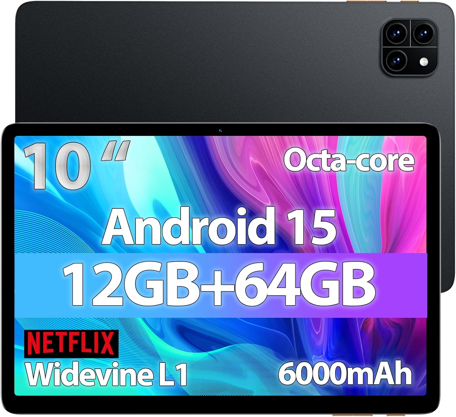 Android Tablet, 10 inch Android 15 Tablet, Octa-core CPU, 2 Years Protection, RAM 12GB, ROM 64GB (Up to 2 TB), 800x1280 Resolution, WiFi 6 & Bluetooth 5.4, Dual Cameras, Dual Speakers, 6000mAh, Black