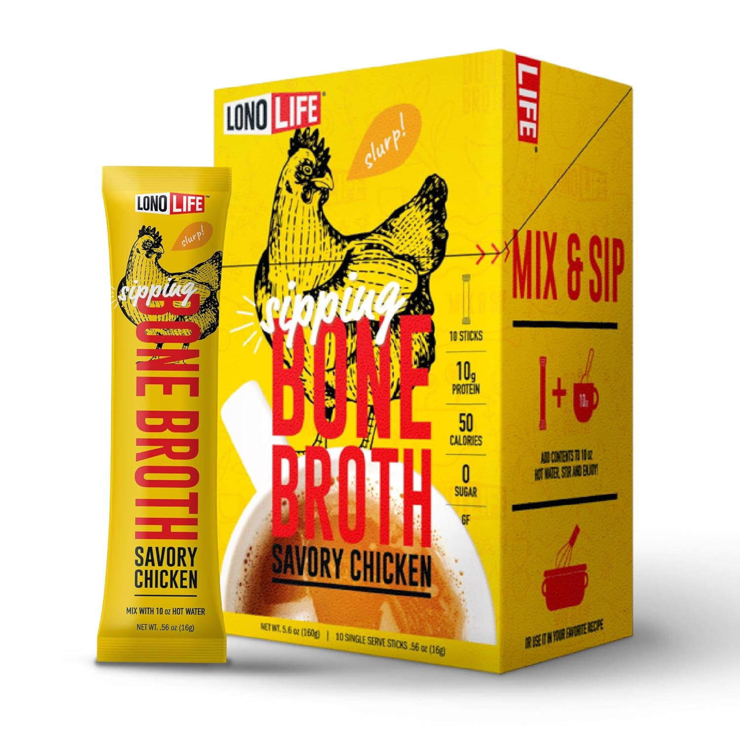 LonoLife Chicken Bone Broth Powder Mix | 10g Protein | Collagen-Rich, Keto & Paleo Friendly | Natural Ingredients | 10 Portable Stick Pack Servings