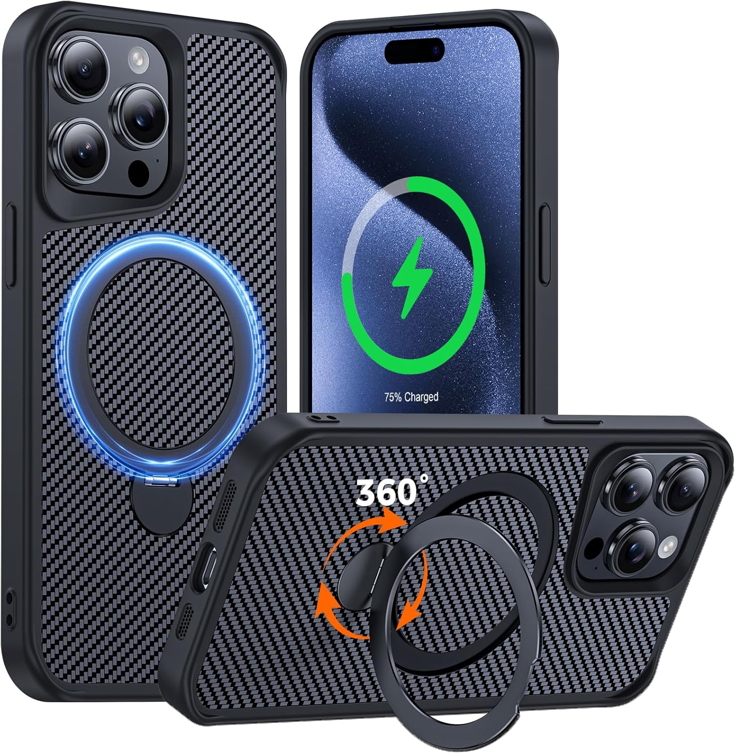 FlyReal Designed for iPhone 15 Pro Case with 360° Magnetic Stand, Carbon Fiber Phone Case [Compatible with Magsafe] [16FT Military Protection] with Stand Ring 6.1'', Black