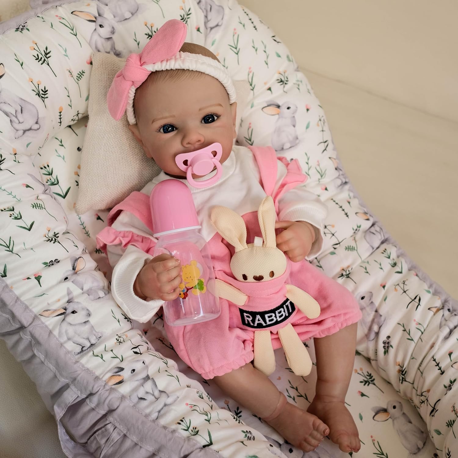 iCradle Reborn Doll Cute Rabbit Life Like Baby Doll Open Eyes 18inch -48cm Soft Vinyl Realistic Newborn Dolls Real Handmade Toys for Children's Age 3+