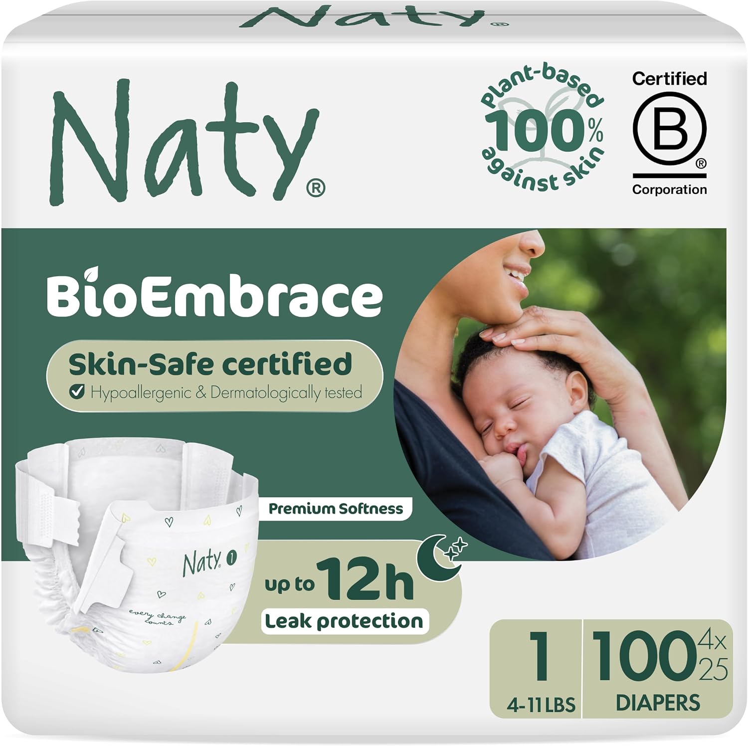 Naty BioEmbrace Newborn Diapers, Sensitive Skin, Size 1 (4–11 lbs), 100 Ct.