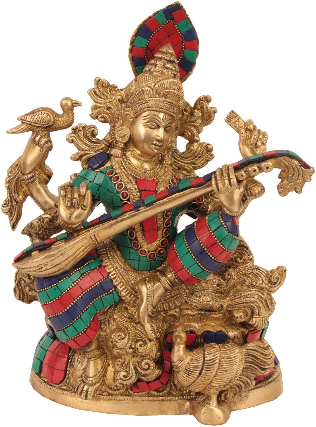 Amilav Collections Big Gorgeous Saraswati Playing Veena Statue - Brass Metal with Gemstone Work - 10 Inches Tall