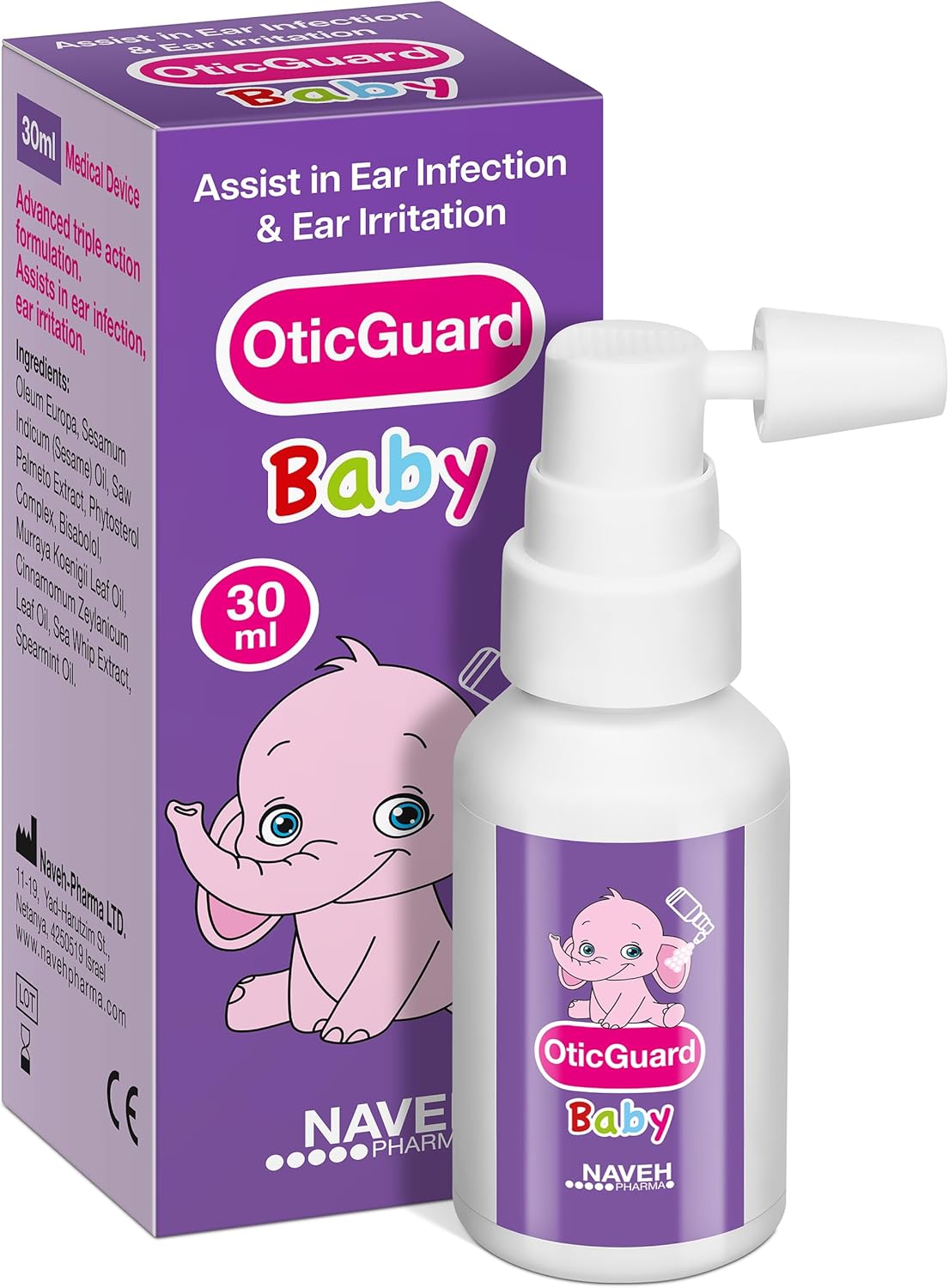 NAVEH PHARMA® Otic Guard Baby - Natural Ear Spray Drops | Organic Herbal Sweet Oil Blend 3 in 1| Itchy Ear, Swimmer's Ear, & Ear Wax Removal | Clogged Ears | 1 Fl Oz