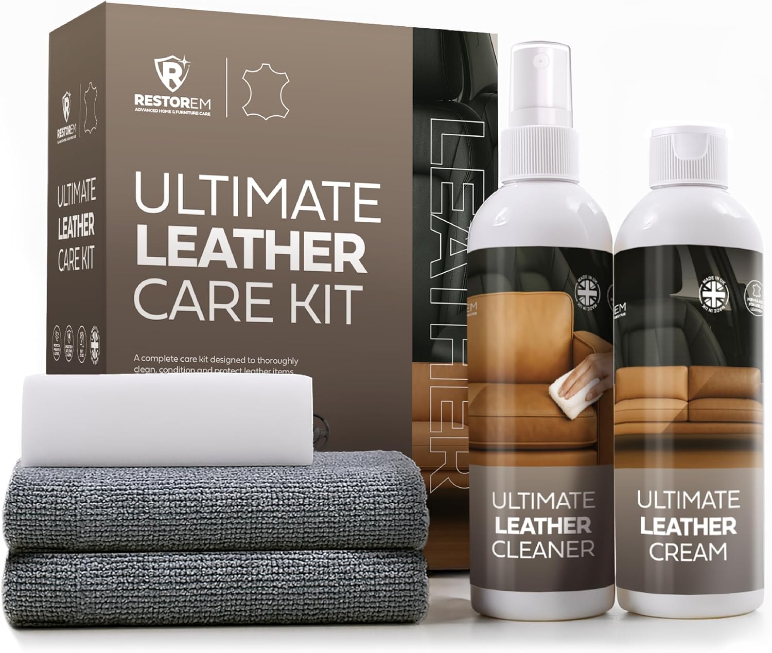 Ultimate Leather Care Kit - 250ml Leather Cleaner & Conditioner - Includes 2 x Microfibre Cloths & Sponge - Sofa, Car Seat & Upholstery Cleaner - Furniture & Chair Restoration Kit