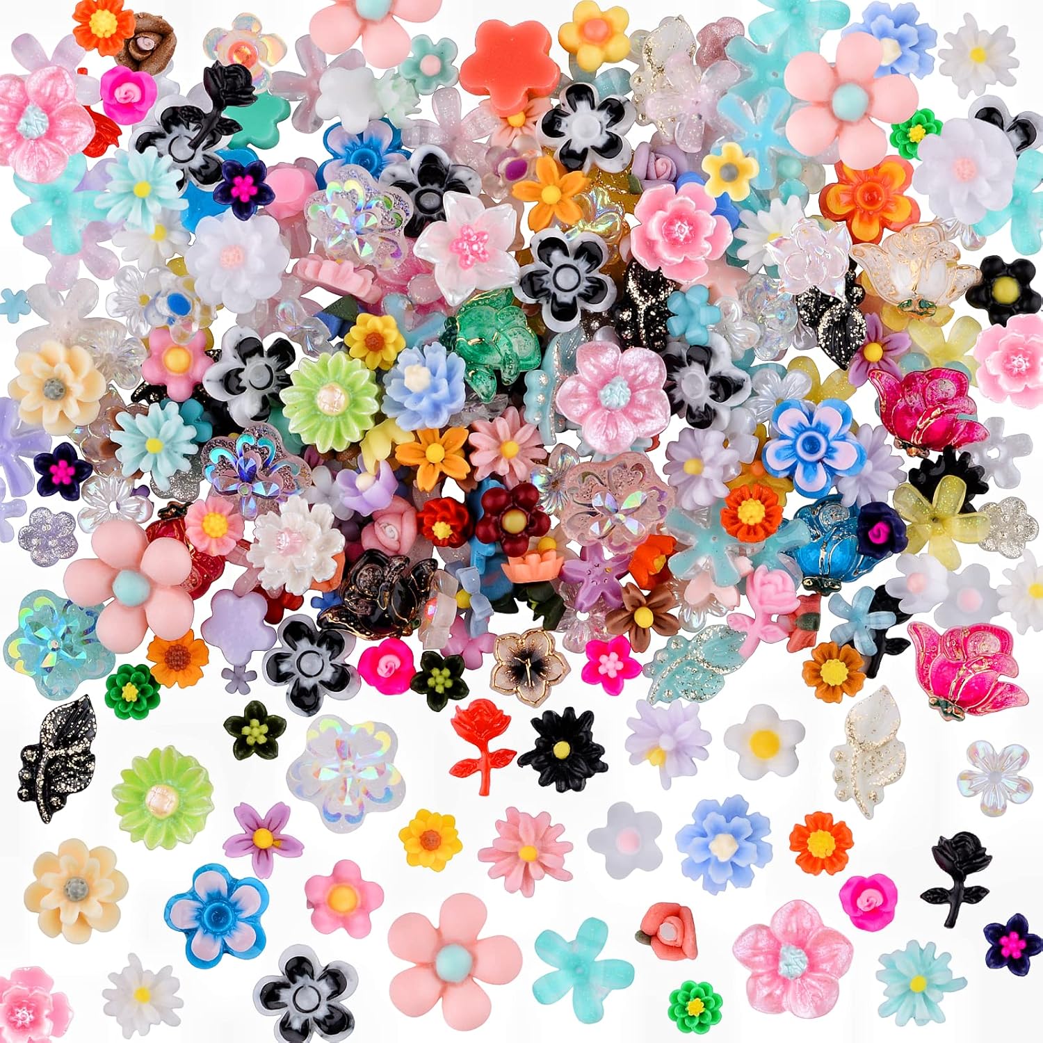 100 Pieces 3D Resin Flowers Kits Rose Daisy Camellia Leaf Sunflower Shaped Nail Art Stud Jewelry for DIY Crafts Nail Art Decoration Supplies