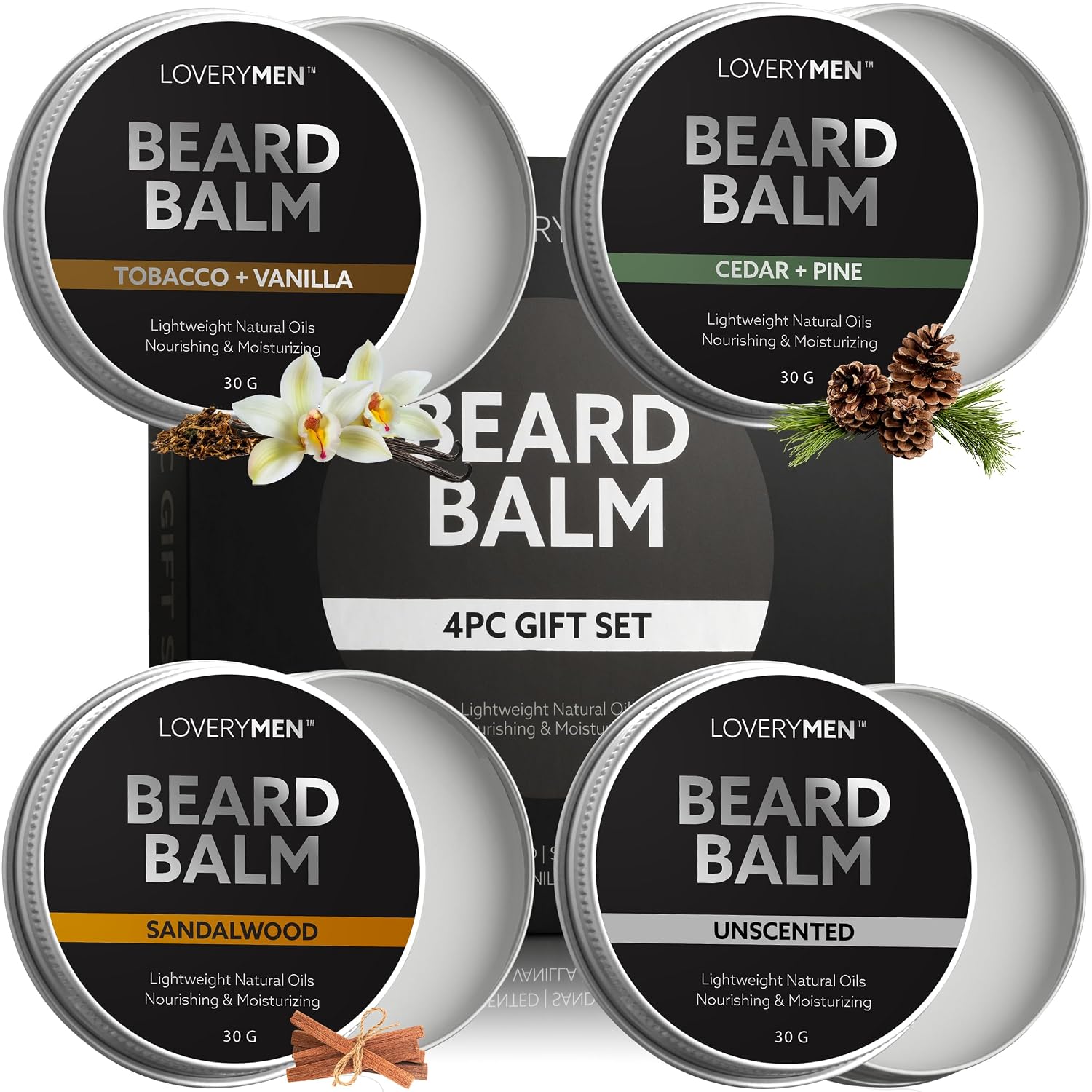 LOVERY Beard Balm for Men, Mens Fathers Gifts Set in Unscented, Sandalwood, Tobacco Vanilla, Cedar Pine Fragrances, All-Natural Beard Wax, Beard Cream Softener Beard Butter, 4 Pack