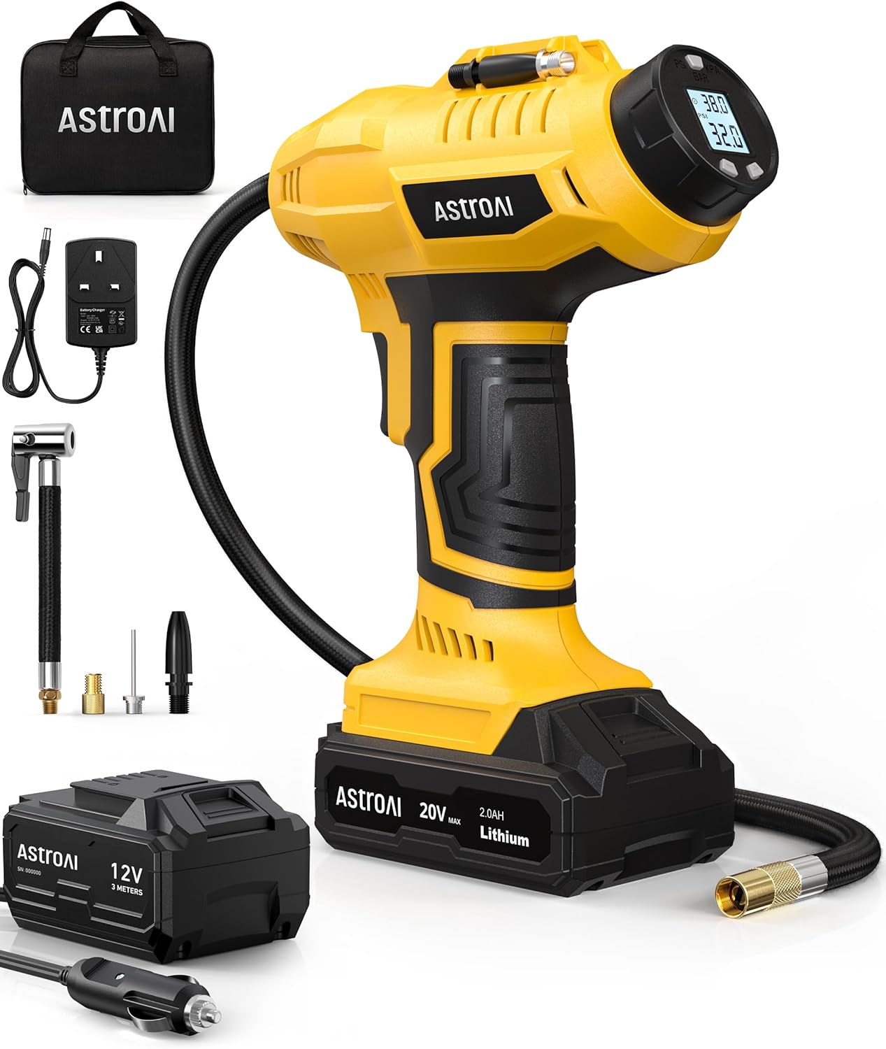 AstroAI Cordless Tyre Inflator Air Compressor, 12V DC and 20V Rechargeable Battery Dual Power 160PSI Portable Handheld Car Tyre Pump with Digital Pressure Gauge for Car Motorcycle Bicycle Ball
