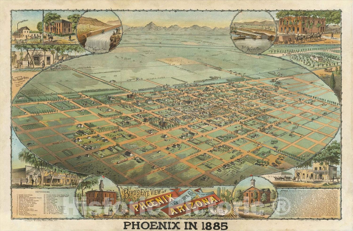 Historic Map : Bird's Eye View of Phoenix, Maricopa Co., Arizona., 1885, Vintage Wall Art : 67in x 44in