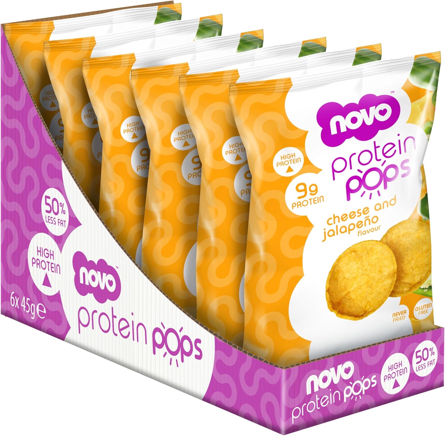 Novo Nutrition | Protein Pops | Healthy Savoury Snack with High Protein, Low Sugar and High Fibre | Pack of 6 x 45g (Cheese and Jalapeño)