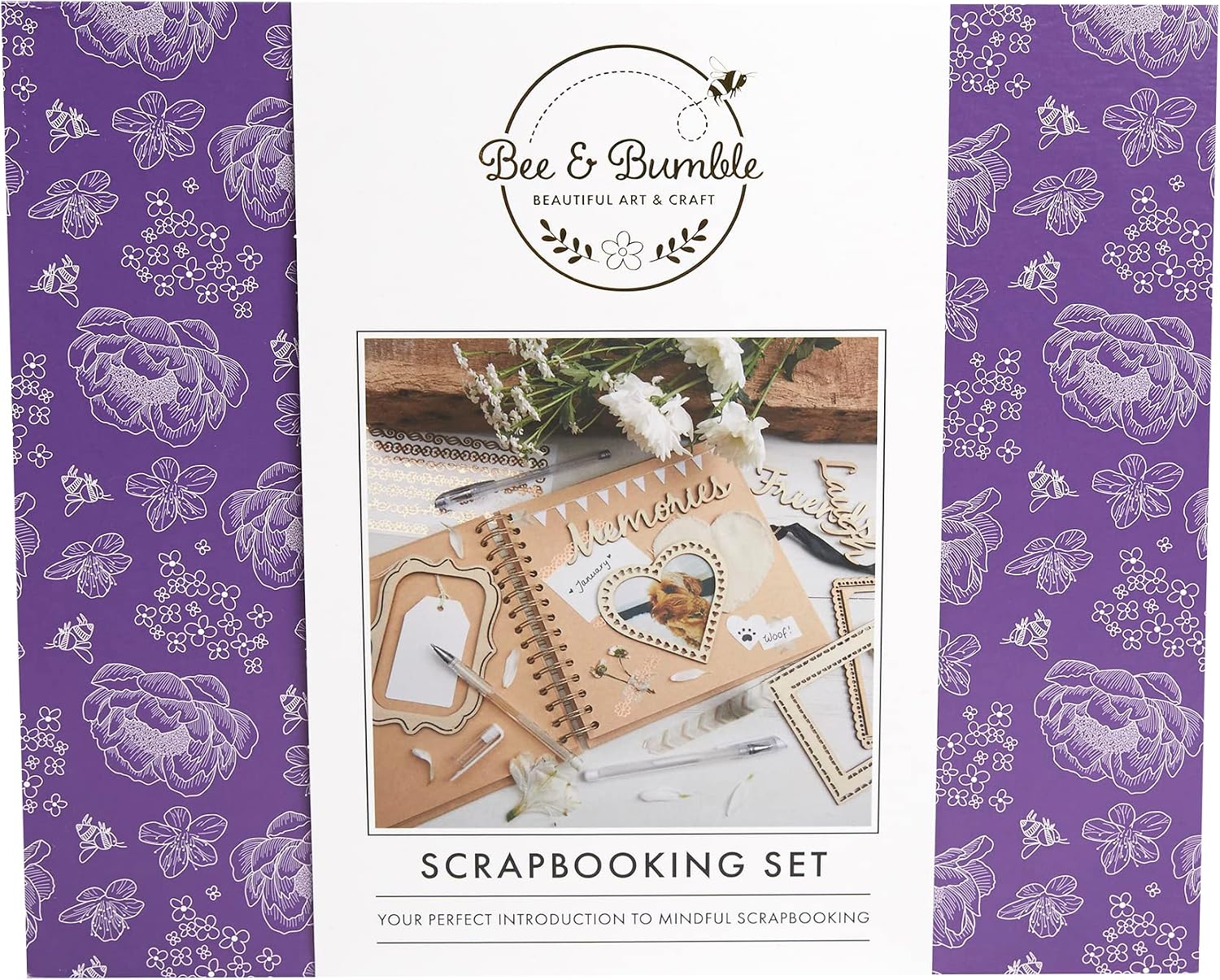 Bee & Bumble Scrapbooking Set - Kraft, 8x8" Spiral-Bound Scrapbook, 6x6" Paper Pad, Stickers, Craft Tape, Embellishmentd, Pegs, Die-Cut Tags, Glue Stick, Hobby Craft Kit, DIY Crafts, Unique Gift