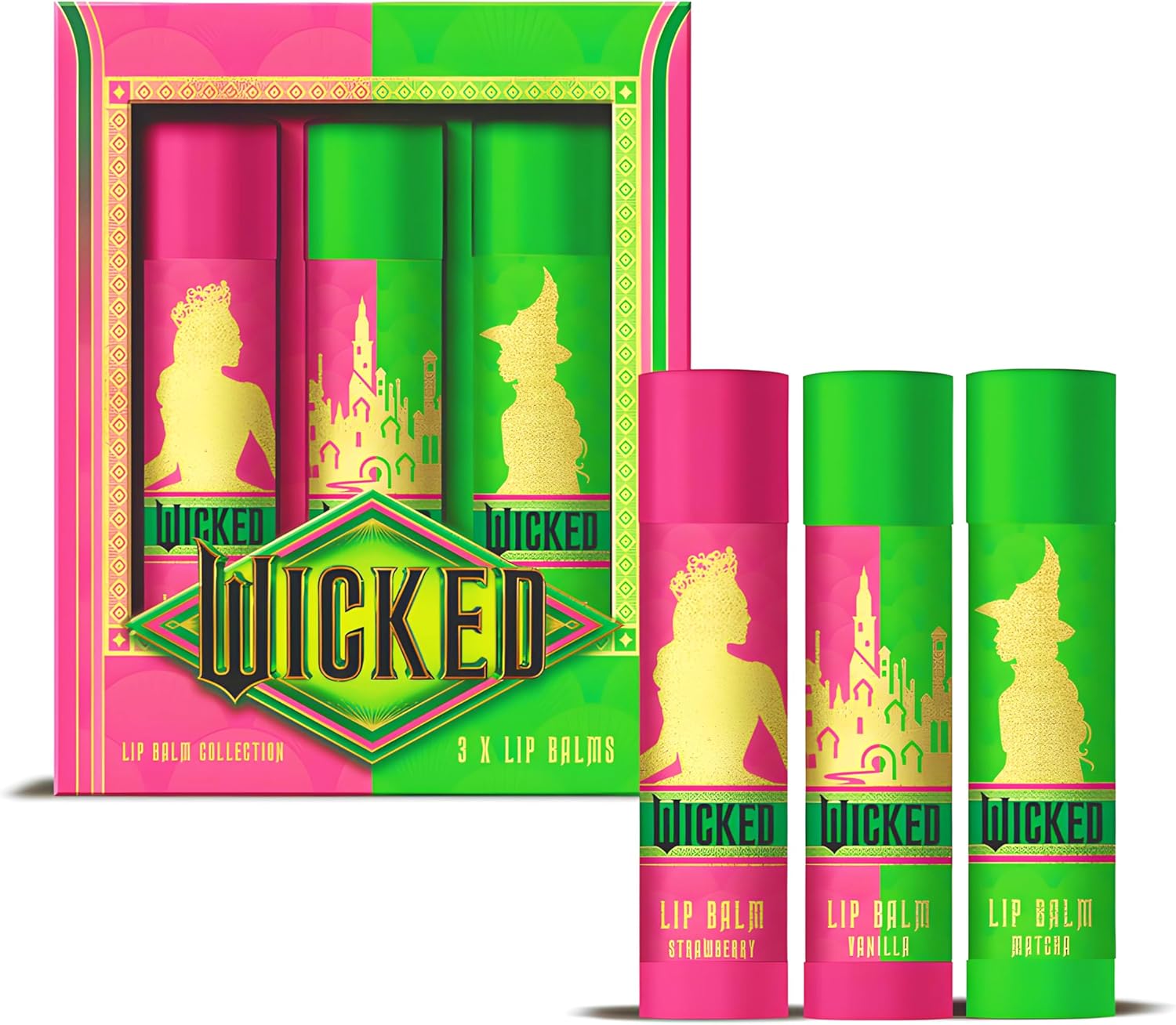 Wicked Lip Balm Collection – 3 Pack Gift Set (Strawberry, Vanilla, Matcha) – Moisturizing Lip Care with Fun Wicked-Inspired Design