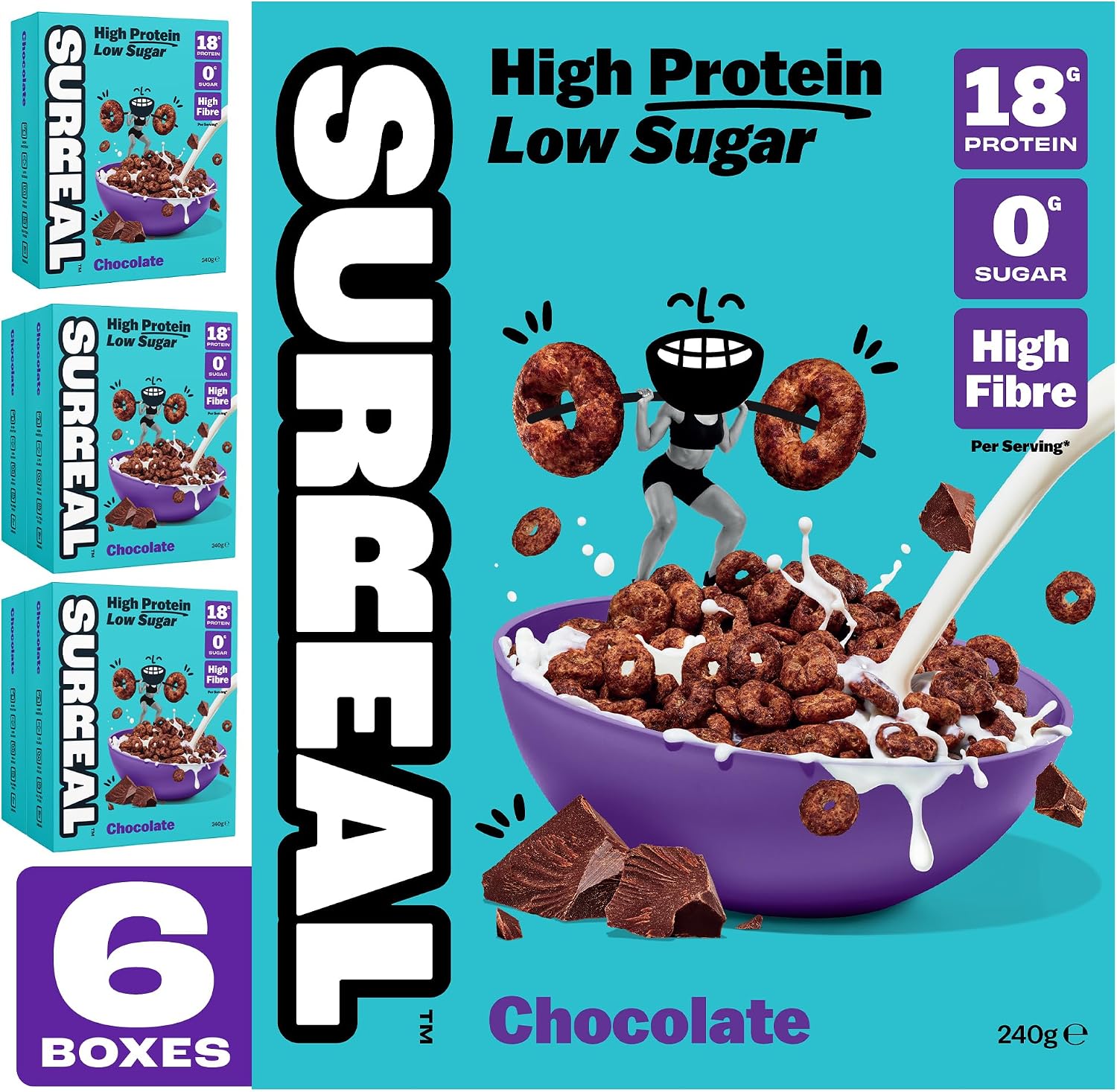 Surreal Chocolate Cereal - High Protein Cereal 6 Pack - Zero Sugar- Healthy Plant Based Cereal - High in Fibre - Low Carb - Gluten Free - Vegan - 18g of Protein, 0g of Sugar - 240g per Box