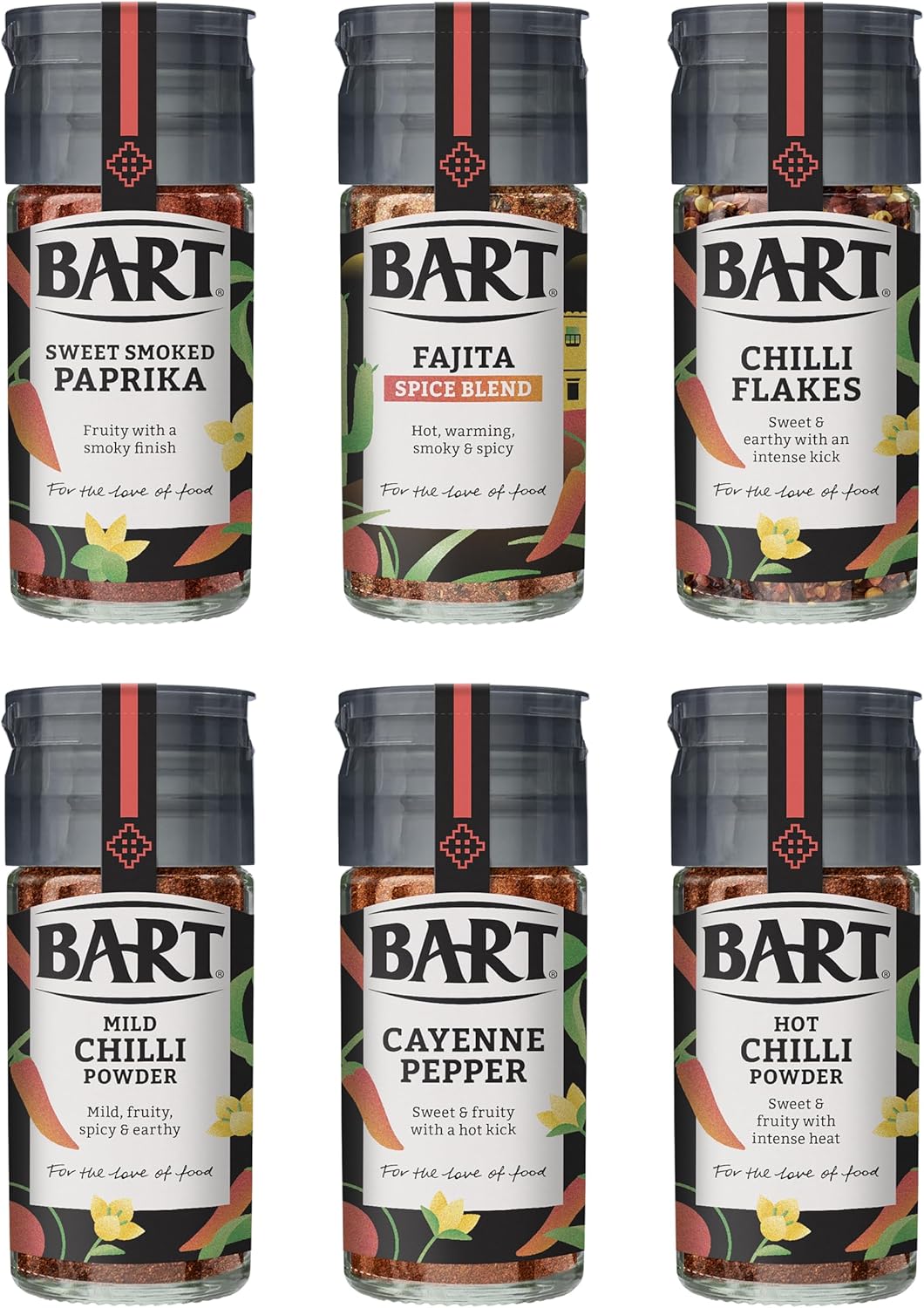 BART Latin American Spice Collection - Cayenne Pepper, Chilli Flakes, Sweet Smoked Paprika, Fajita Spice Blend, Mild & Hot Chilli Powder - Latin American Cooking (6 Jar Bulk Buy Set)