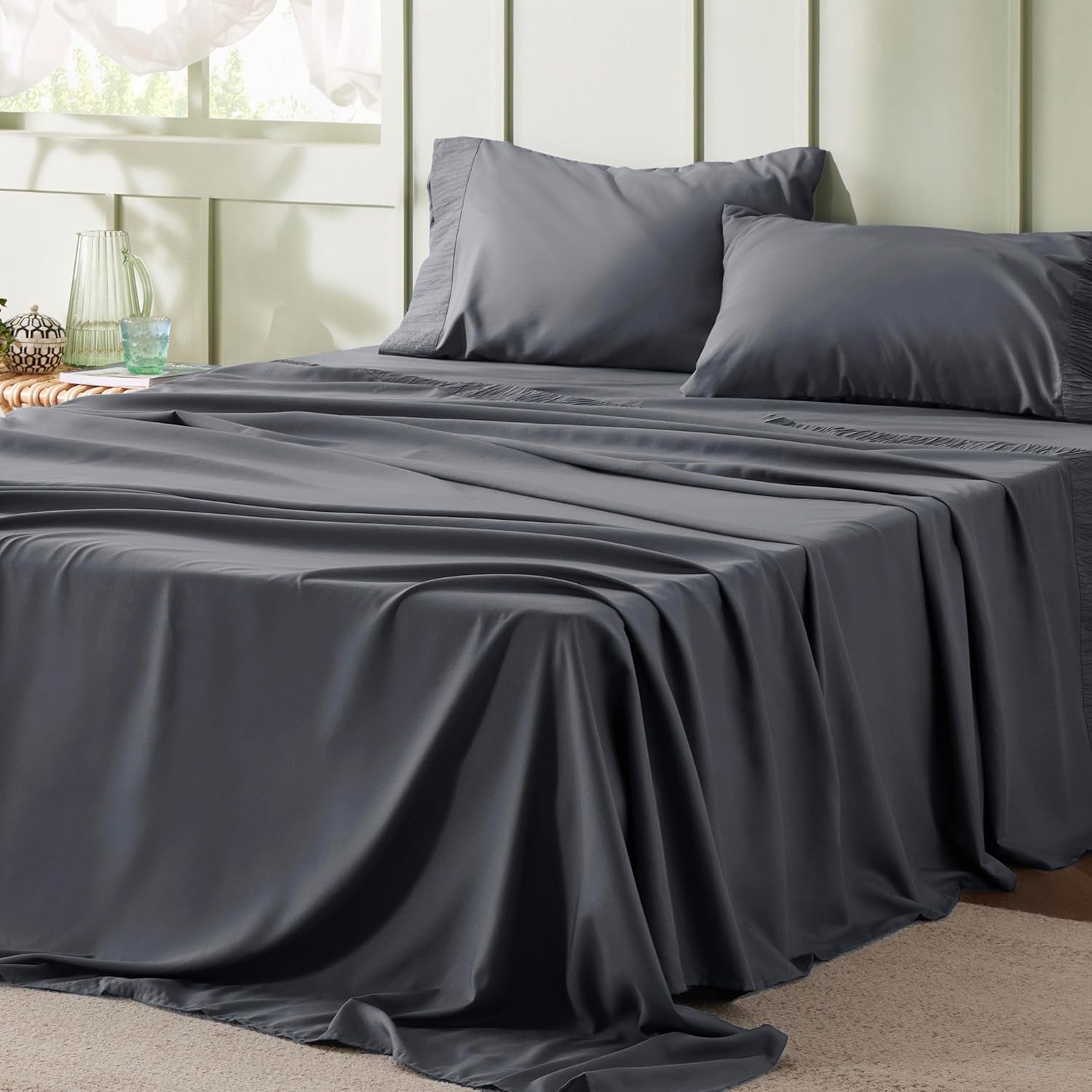 Bedsure Full Size Bed Sheets - 4 Pieces Soft Full Sheet Set - Breathable & Cooling - Hotel Luxury - Easy Care Polyester Microfiber Bedding for Women, Men, Dark Grey