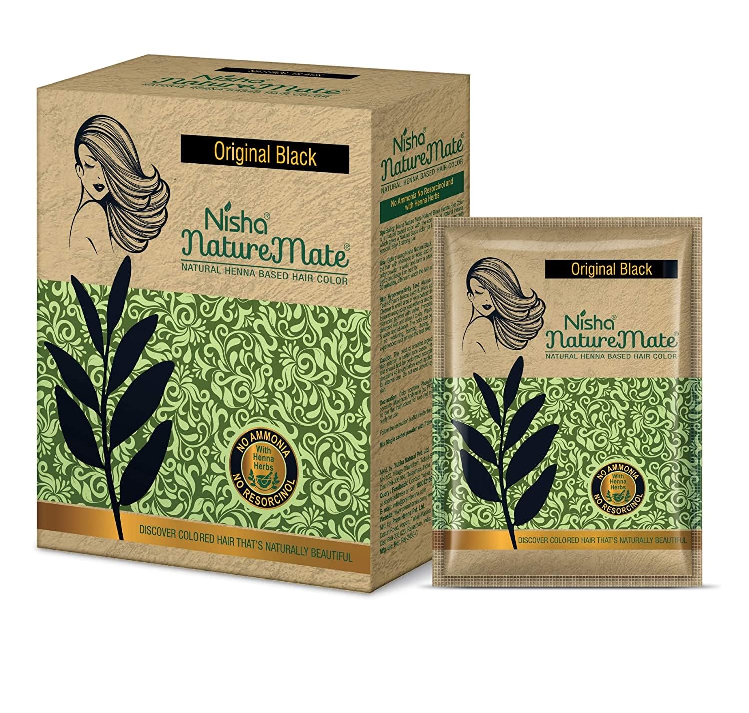Nisha Naturemate Natural Henna Based Hair Color, Black Hair Dye, No Ammonia, Natural Black Hair Color For Gray Coverage, 6-in-1, 10gm Each Pouch, Box Pack
