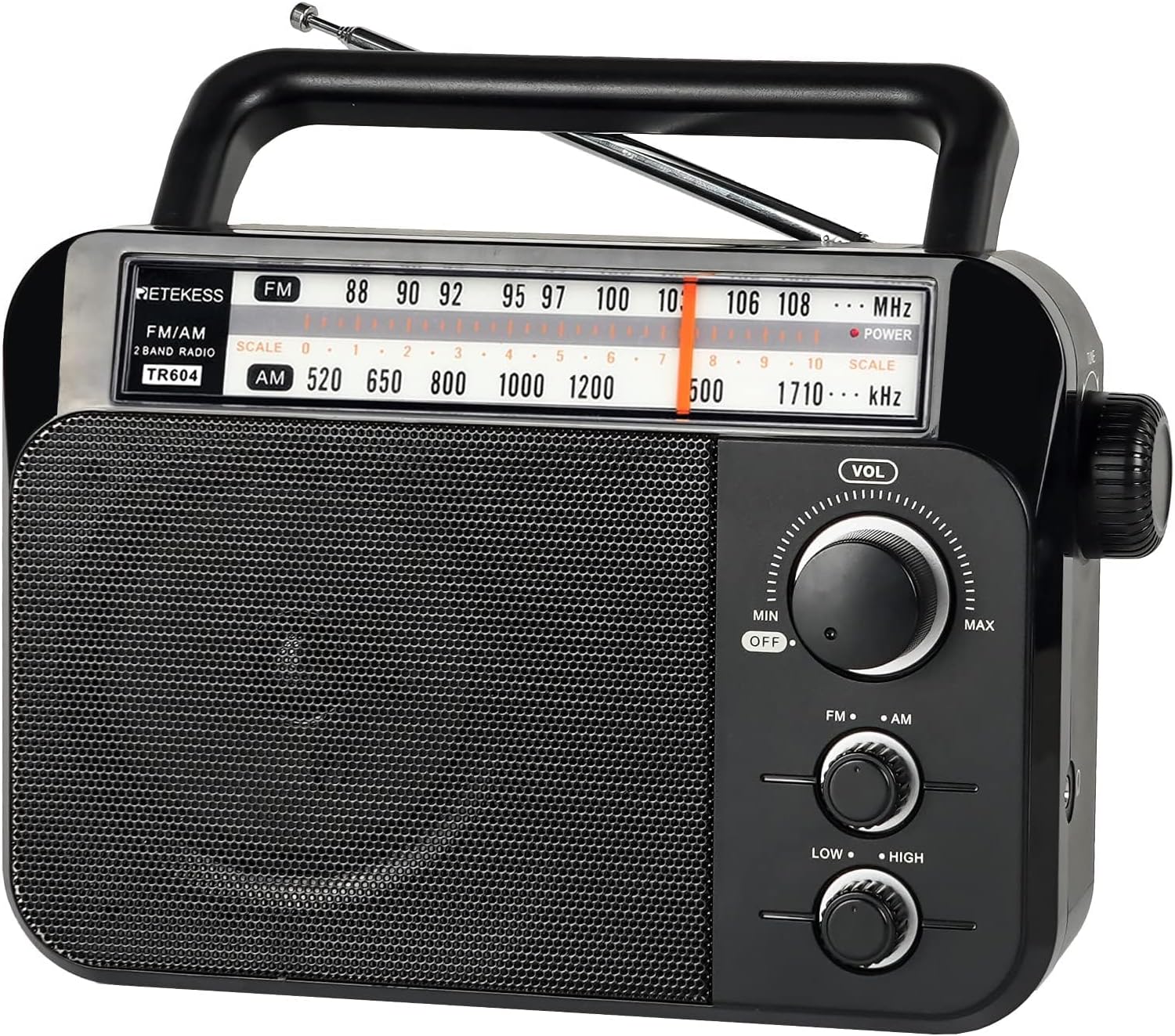 Retekess TR604 Portable Radio,FM AM Radio,Large Display and Knob,Large Speaker,3.5mm Headphone Jack,Clear Sound,Radios Mains and Battery,Easy to Use for Elderly (Black)
