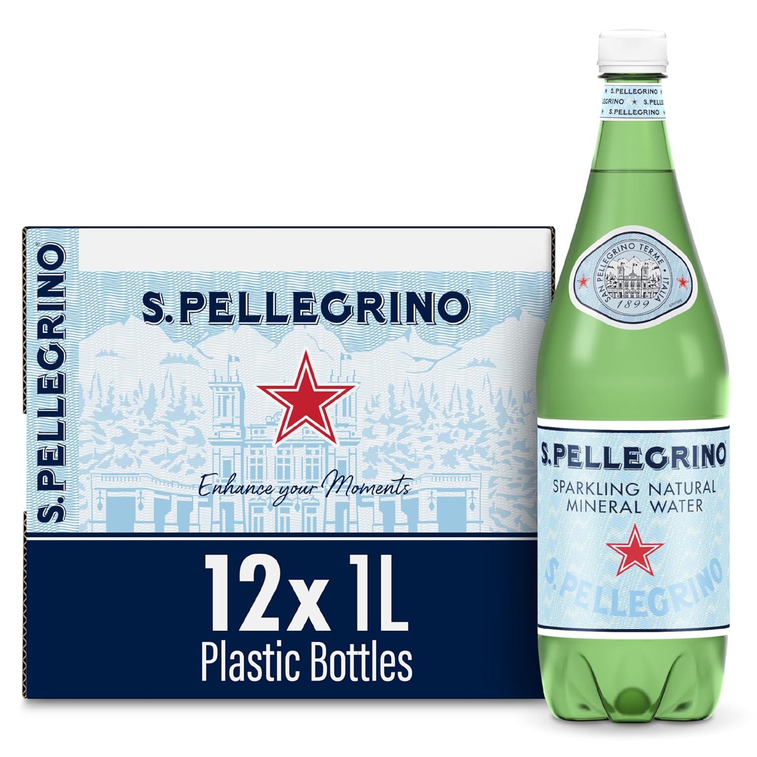 S.Pellegrino Sparkling Natural Mineral Water, 33.8 fl oz. Plastic Bottles (Pack of 12)