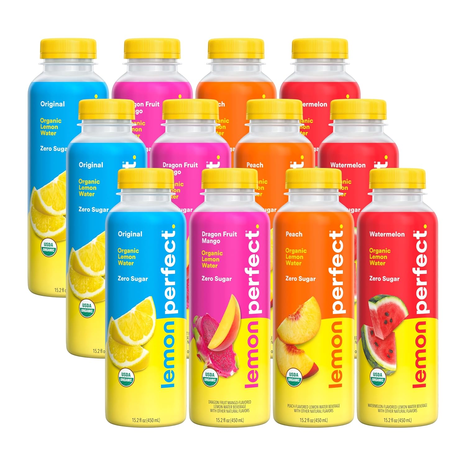 Lemon Perfect 4-Flavor Variety Pack, Flavored Lemon Water, Organic, Zero Sugar, Healthy Hydration Drinks, 15.2 fl oz Bottles (12-Pack)