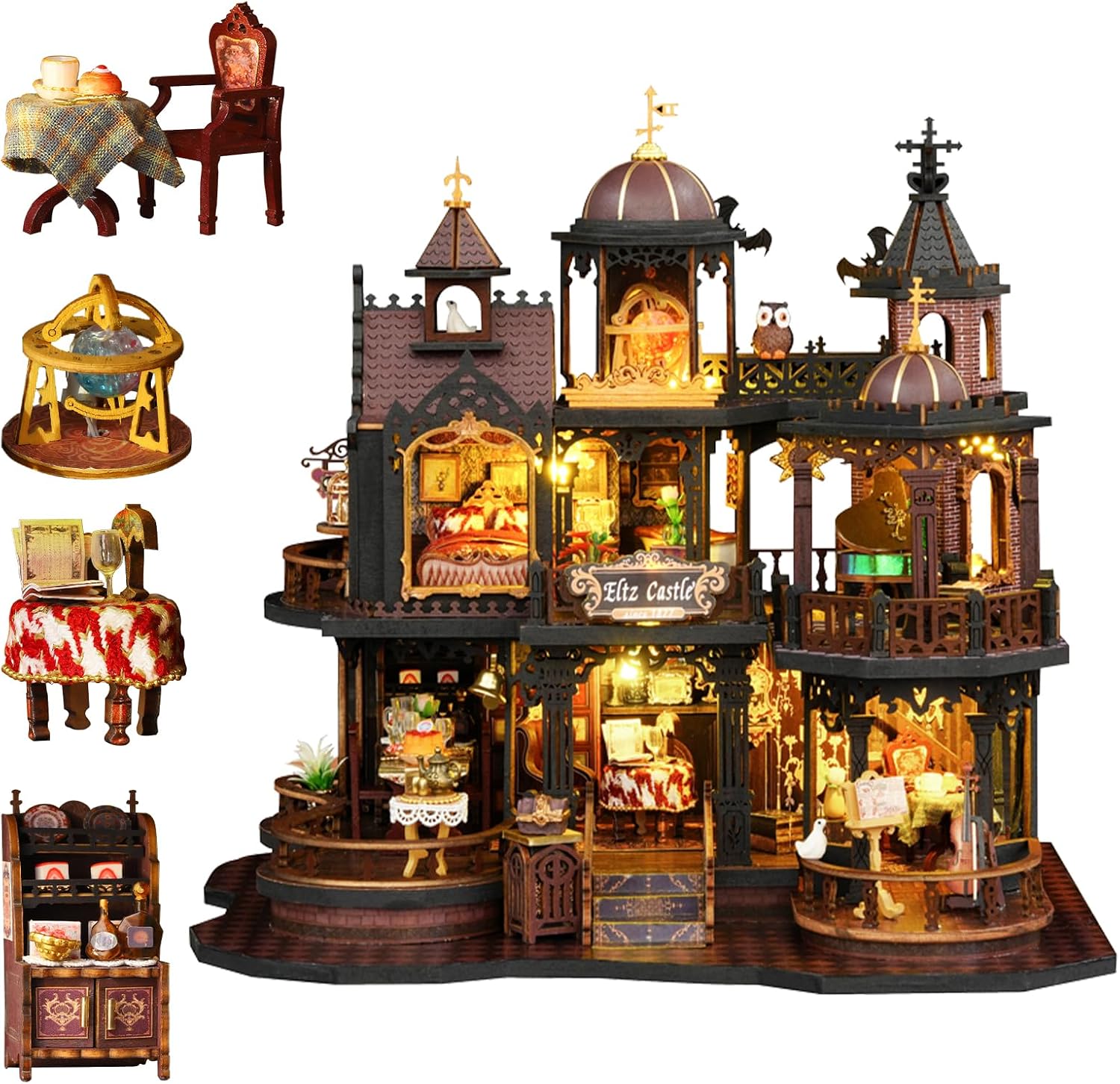 DIY Miniature House Kit, Mini Cabin House 3D Wooden Puzzles Dollhouse Bookshelf Insert Decor Alley, Miniature Dollhouse Model Building Creativity Kit with LED Light for Girls Boys Adults