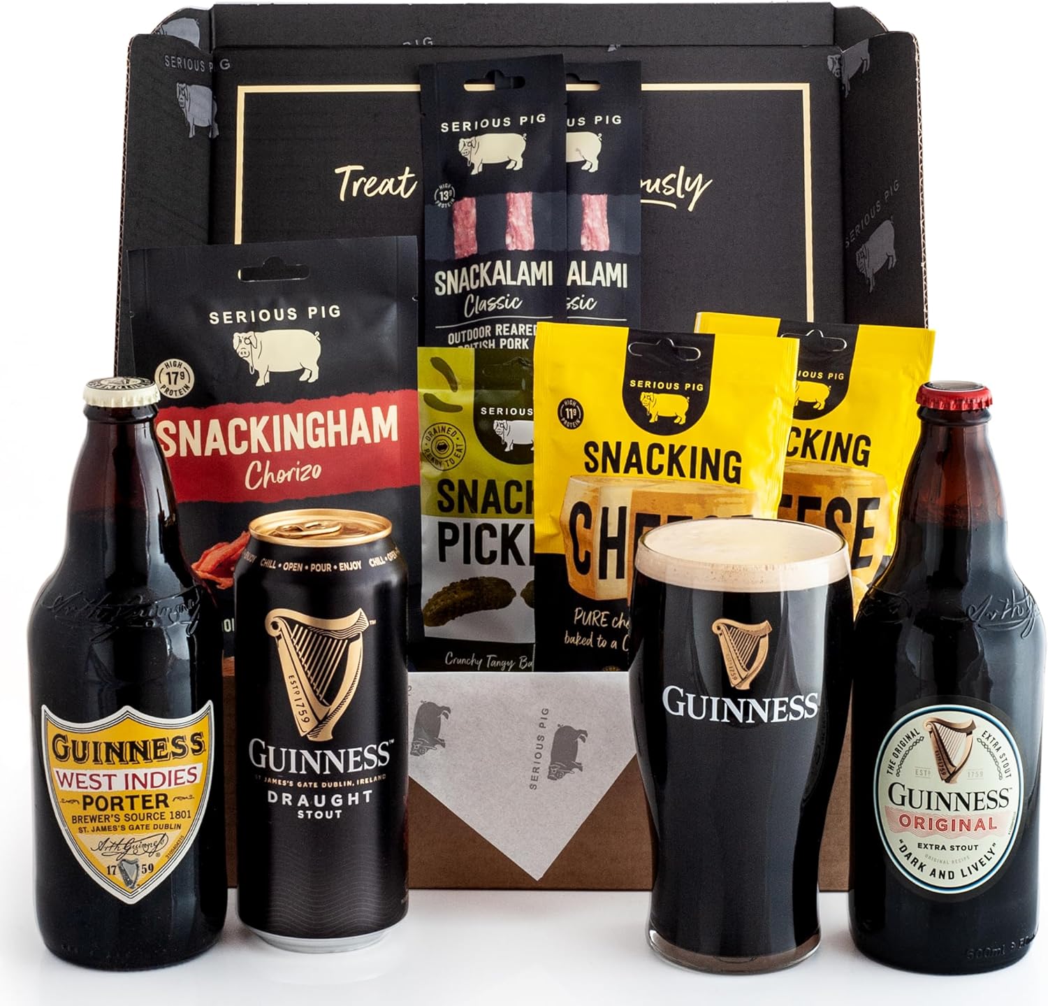 Serious Pig & Guinness Gift Box | With Guinness Glass | Stout Beer and Gourmet Pub Snacks (10 Pack)