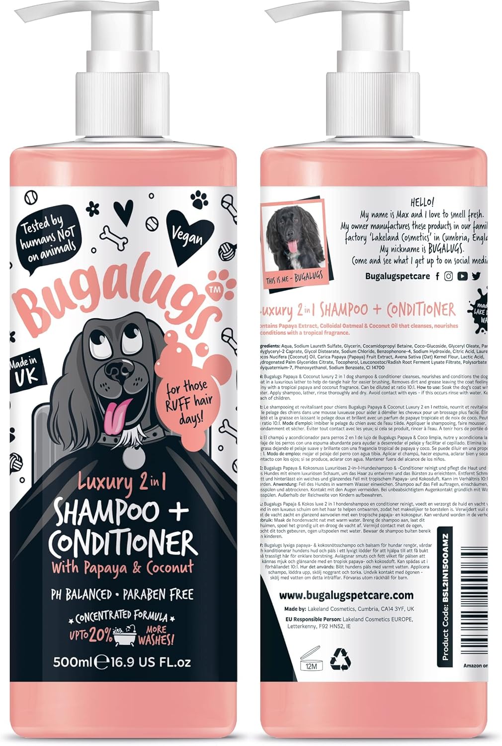 BUGALUGS Dog Shampoo and Conditioner with Luxury 2 in 1 Papaya & Coconut fragrance, professional puppy shampoo grooming products for smelly dogs