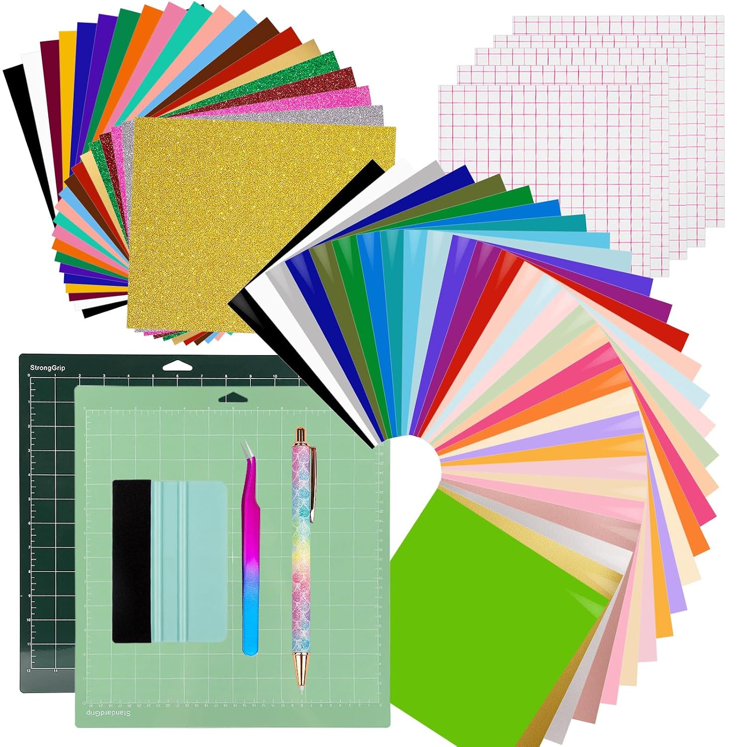 VINYL FROG 60PCS Accessories Bundle for Cricut Maker and All Explore Air, Ultimate Tools with Permanent Adhesive Vinyl, HTV Vinyl, Cutting Mat, Weeding Tools, Scrape