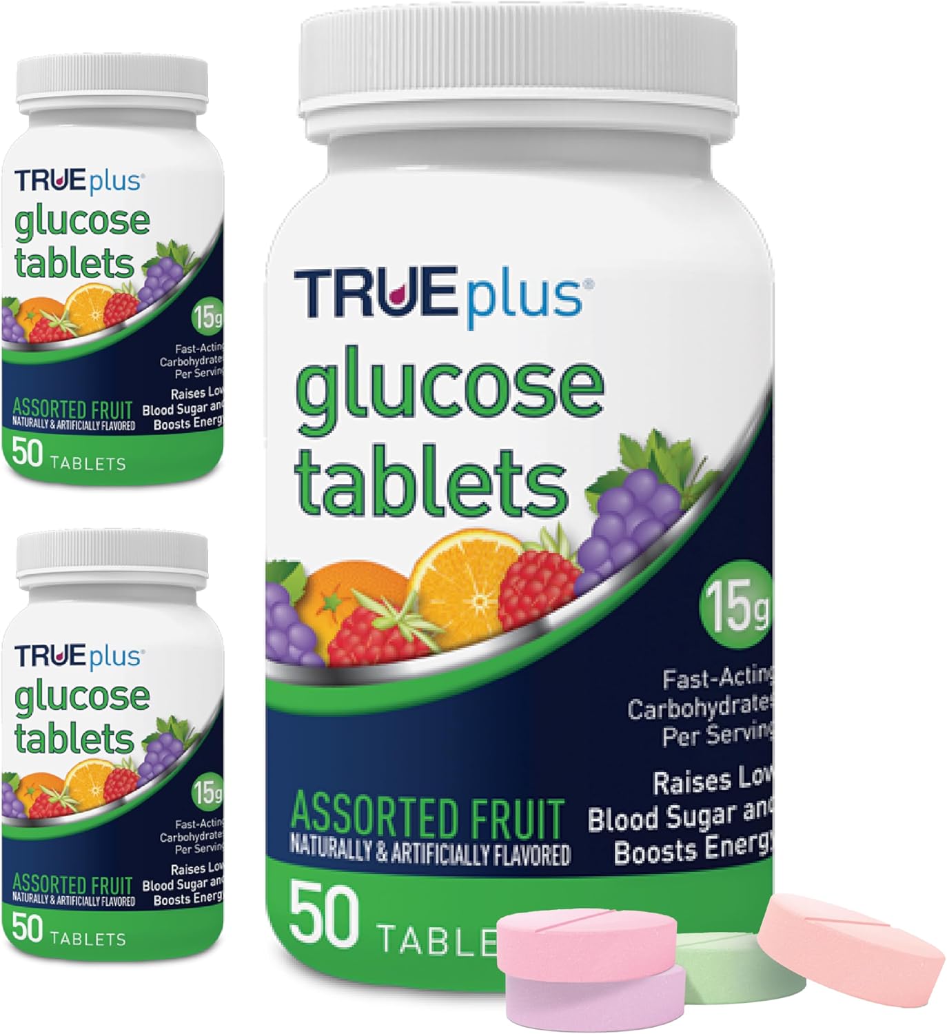 TRUEplus Glucose Tablets, Assorted Fruit Flavors, 3 Bottles