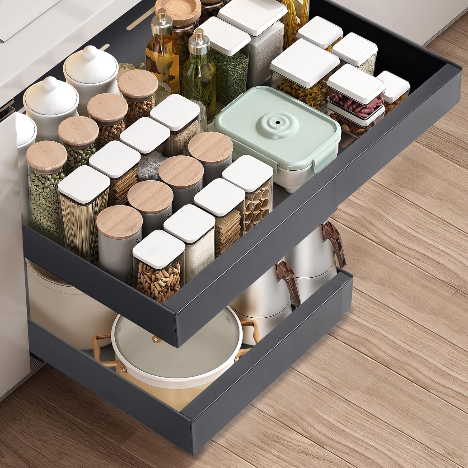 Pameil Pull out Cabinet Organiser, Slide out Drawers for Kitchen Cabinets, no Drill Adjustable Drawers, pull out Kitchen Storage,Cupboard Organiser that Requires no Drilling and Nailing (Dark gray)