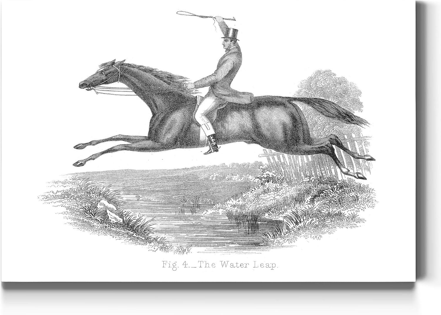 Renditions Gallery The Water Leap Wall Art, Englishmen Riding Horse, Black & White Equestrian, Premium Gallery Wrapped Canvas Decor, Ready to Hang, 32 in H x 48 in W, Made in America Painted Print