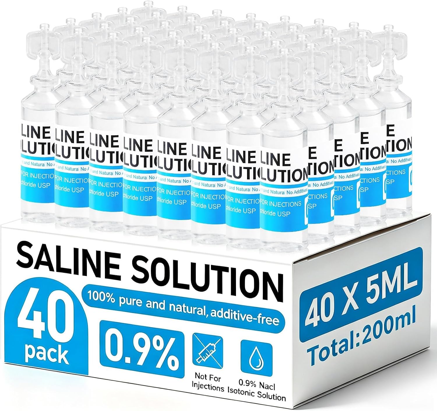 40 Pack 0.9% Saline Solution, Normal Solution for All Ages, Total 200ml