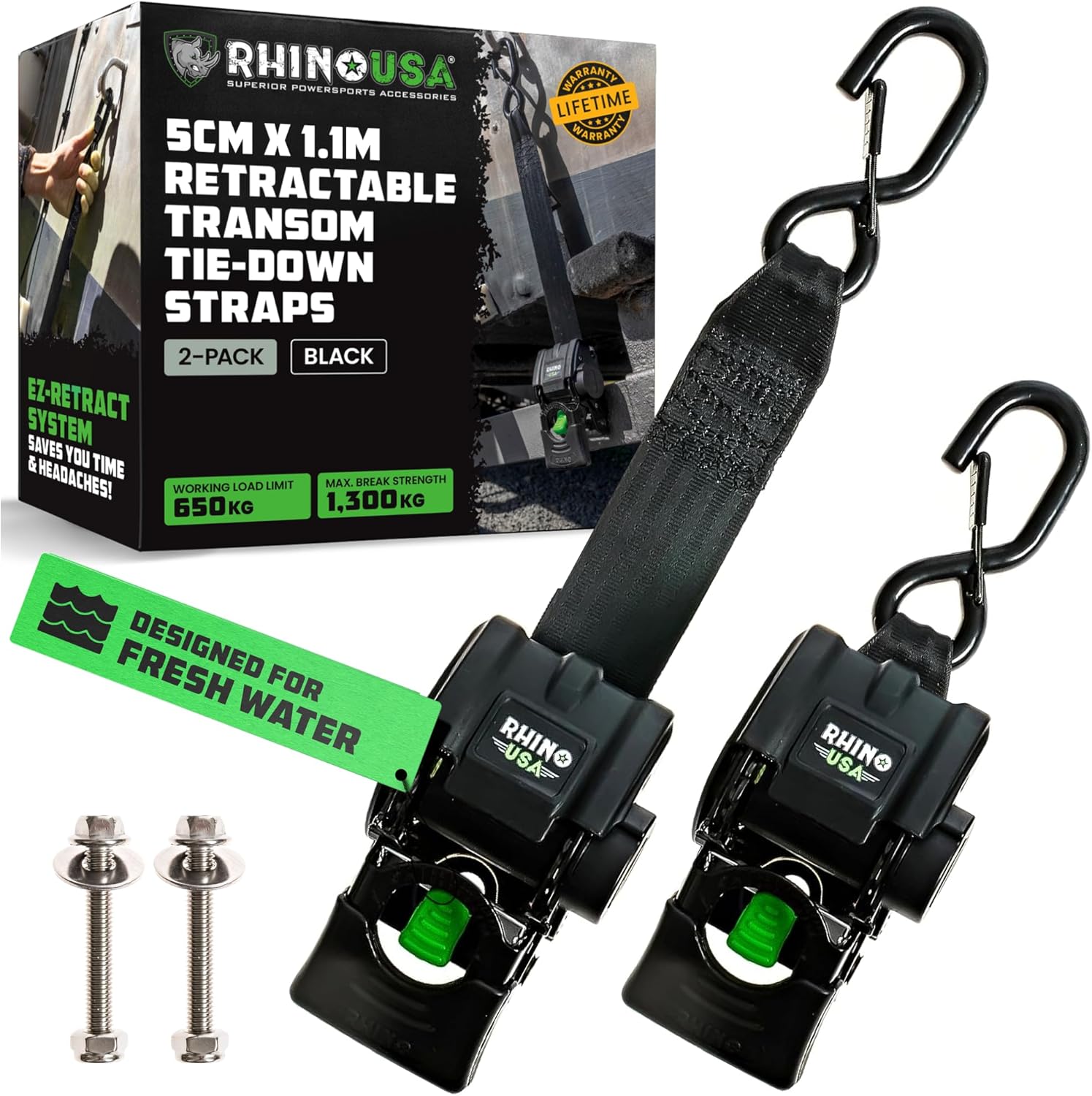 Rhino USA Retractable Boat Trailer Tie Down Straps 2PK – Durable (2in x 43in) Trailer Mount Transom Straps for Boat, Jet Ski – Powder Coated Black Steel – Fresh Water Compatible