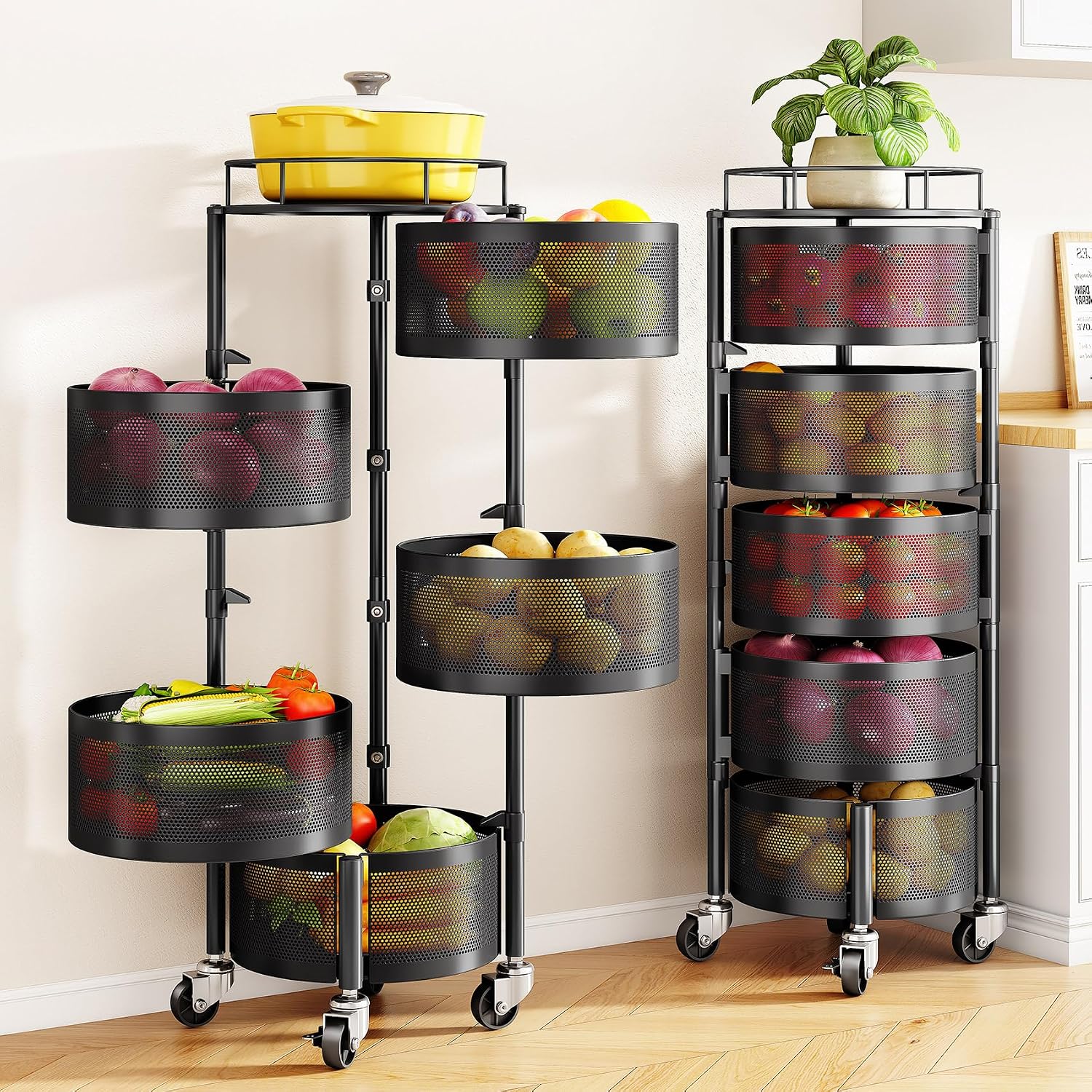 SNTD 5-Tier Fruit and Vegetable Basket Bowls for Kitchen, Rotating, Black