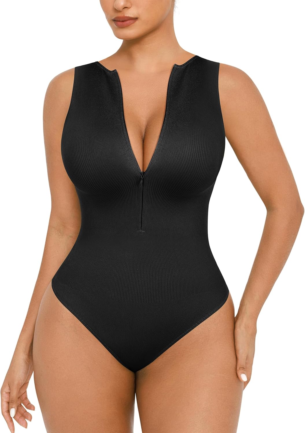 FeelinGirl Bodysuits for Women Seamless Body Suit Invisible Zip Up Crew Neck Slimming Ribbed Basic Tank Tops