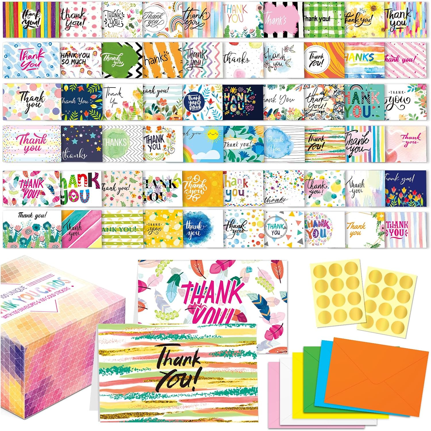 FindFunFine Thank You Cards 100 Sets Unique Greeting Cards With Envelopes Gold Seal Stickers Thank You Notes Greeting Cards Storage Box 4X6 Inch For Birthday, Wedding, Bridal Showers