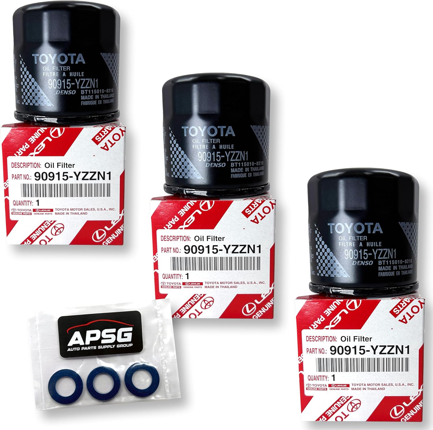 Genuine Oil Filter 90915-YZZN1 / 90915-YZZF2 with APSG Drain Plug Washers | 3 PACK | Compatible with Toyota/Lexus/Scion